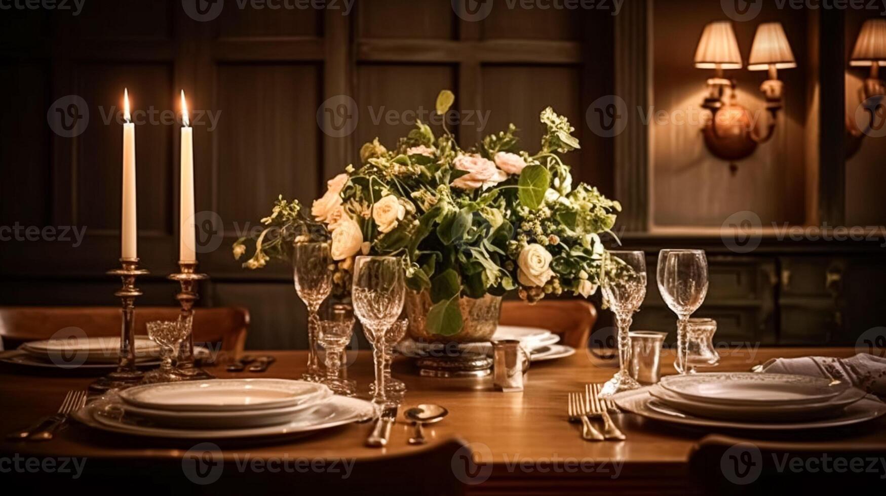 ai gegenereerd vakantie viering tafel decor, feestelijk tafellandschap in dining kamer, kaarsen en bloemen decoratie voor formeel familie avondeten in de Engels land huis, platteland interieur ontwerp foto