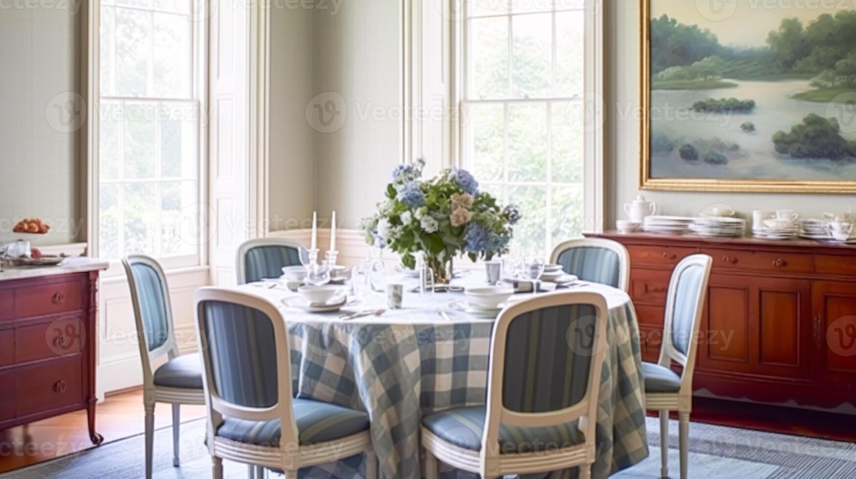 ai gegenereerd dining kamer decor, interieur ontwerp en huis verbetering, elegant tafel met stoelen, meubilair en klassiek blauw huis decor, land huisje stijl foto