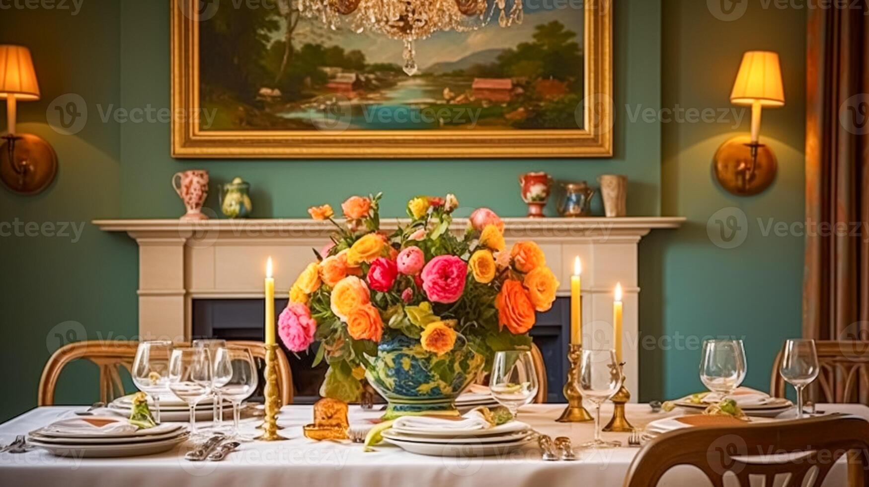 ai gegenereerd vakantie viering tafel decor, feestelijk tafellandschap in dining kamer, kaarsen en bloemen decoratie voor formeel familie avondeten in de Engels land huis, platteland interieur ontwerp foto