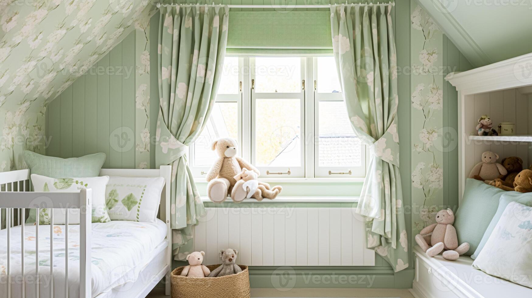 ai gegenereerd baby kamer decor en interieur ontwerp inspiratie in de Engels platteland stijl huisje foto