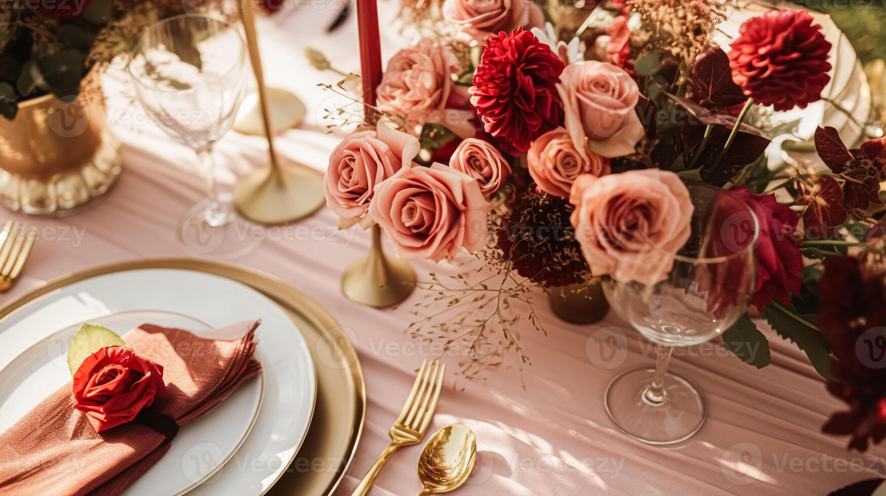 ai gegenereerd bruiloft en evenement viering tafellandschap met bloemen, formeel avondeten tafel instelling met rozen en wijn, elegant bloemen tafel decor voor avondeten partij en vakantie decoratie, huis styling foto