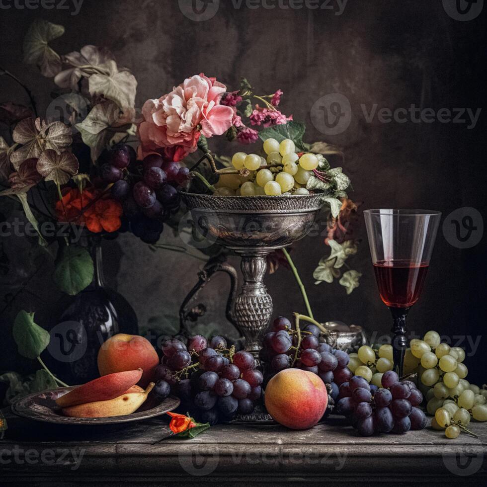 ai gegenereerd klassiek nog steeds leven met fruit en wijn foto