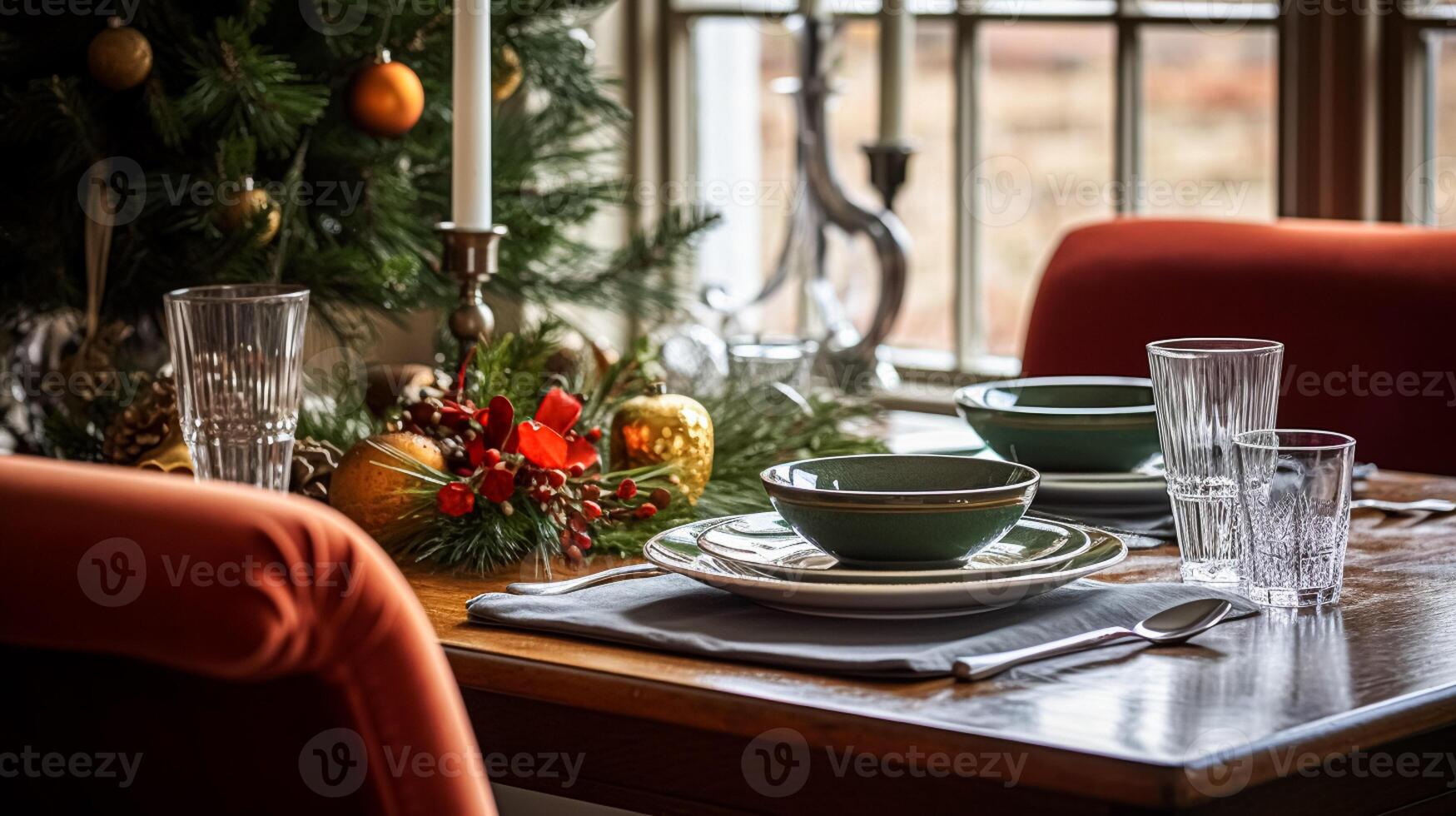 ai gegenereerd Kerstmis vakantie familie ontbijt, tafel instelling decor en feestelijk tafellandschap, Engels land en huis styling foto