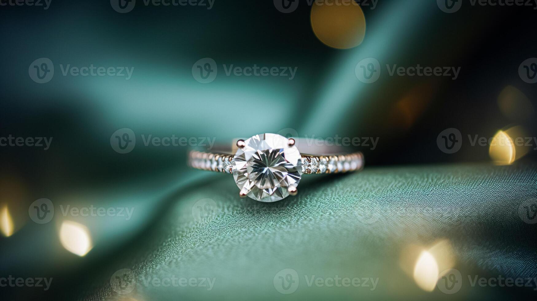 ai gegenereerd sieraden, voorstel en vakantie geschenk, diamant verloving ring Aan groen zijde kleding stof, symbool van liefde, romance en inzet foto