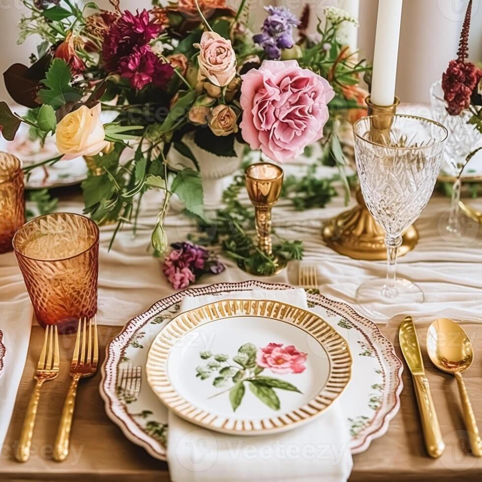 ai gegenereerd traditioneel vakantie tafellandschap, formeel avondeten tafel instelling, tafel scape met land klassiek stijl decoratie voor bruiloft en viering, generatief ai foto