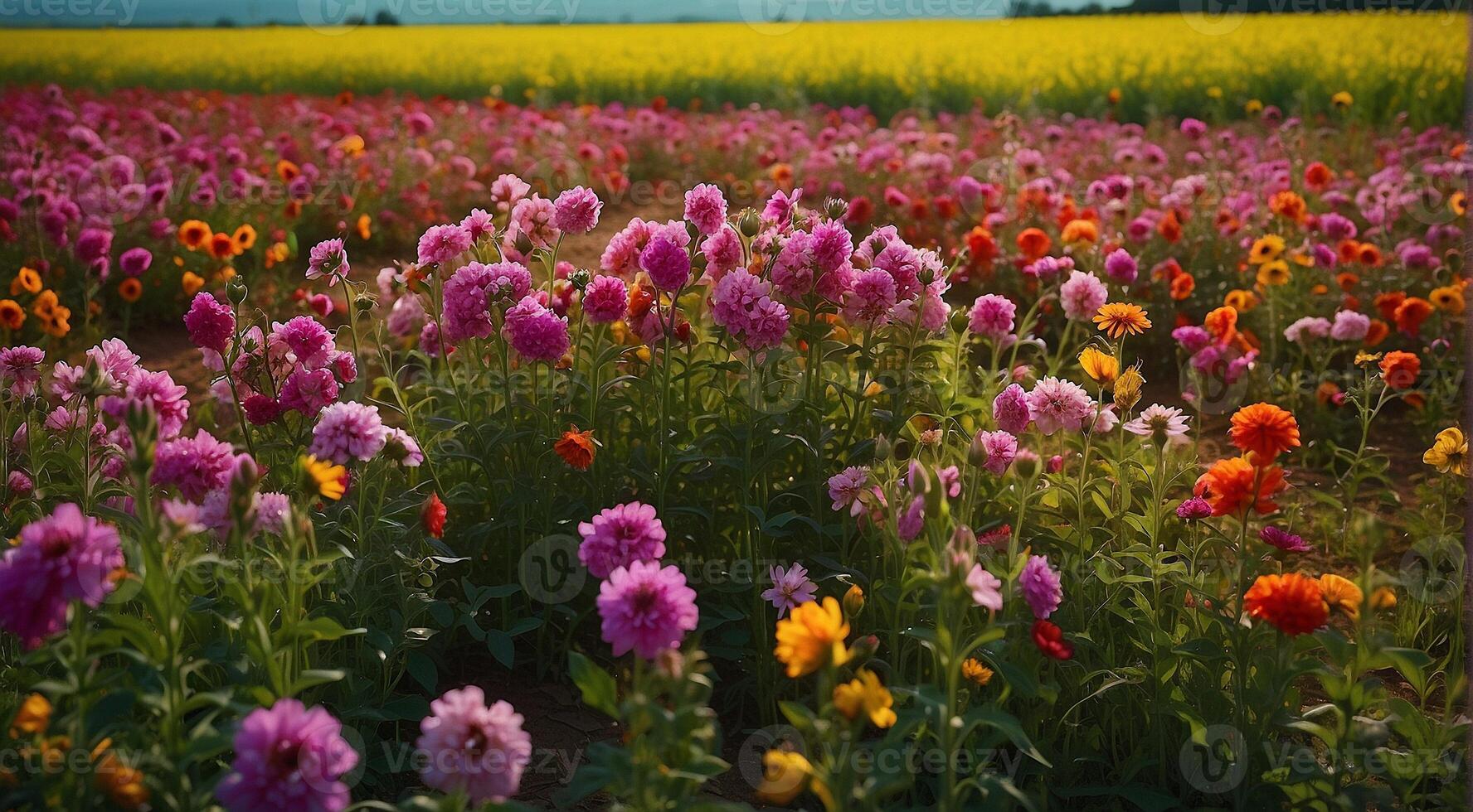 ai gegenereerd mooi bloem veld, zomer tafereel, mooi bloemen in de veld, groen natuur, panoramisch visie foto