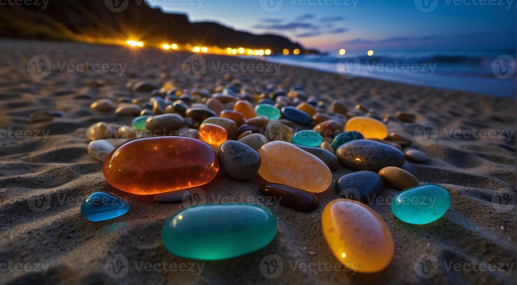 ai gegenereerd mooi strand gekleurde stenen in de strand kant met golven Bij de nacht, fosfor stenen, gekleurde strand stenen achtergrond foto