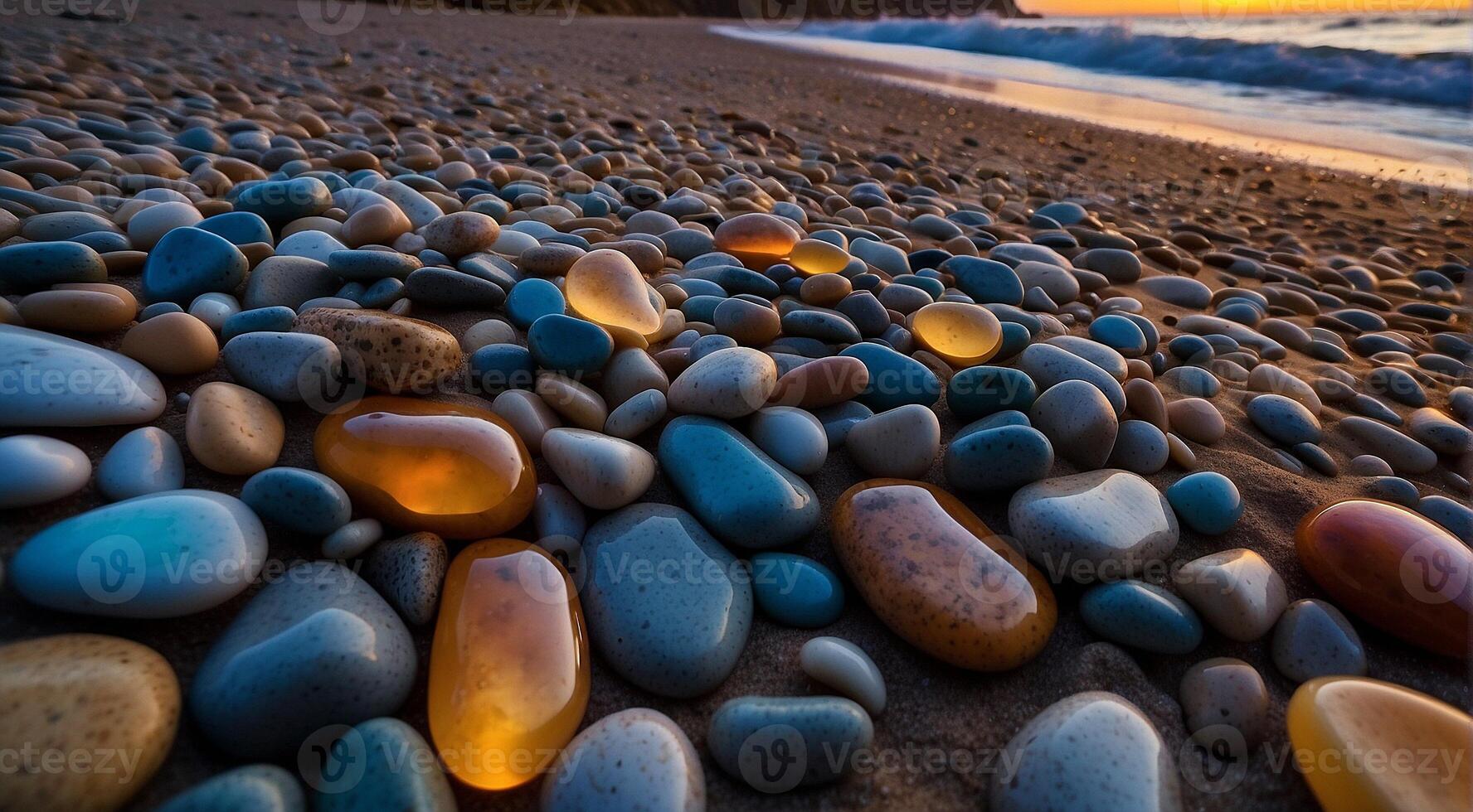 ai gegenereerd mooi strand gekleurde stenen in de strand kant met golven Bij de nacht, fosfor stenen, gekleurde strand stenen achtergrond foto