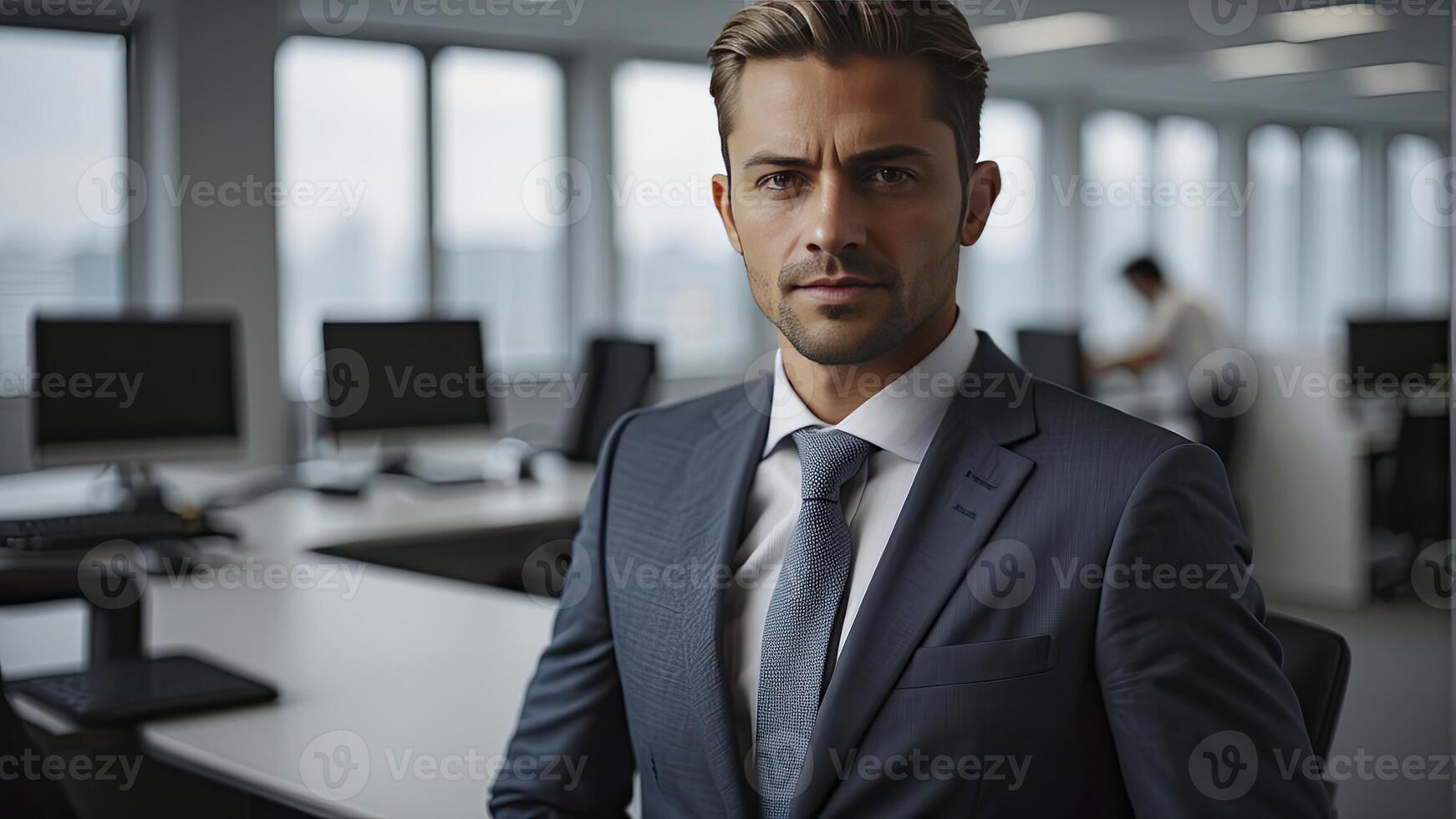 ai gegenereerd detailopname van een zakenman in kantoor, zakenman Bij de werk in kantoor , mooi jong Mens in kantoor foto