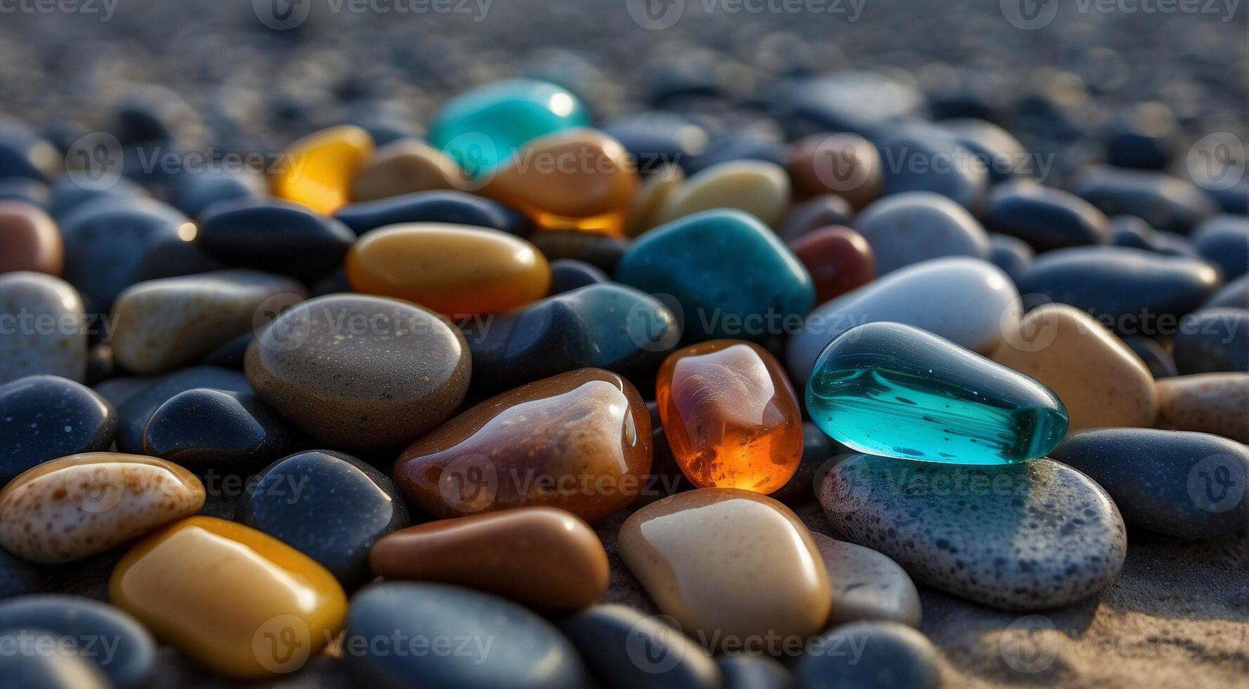 ai gegenereerd mooi strand gekleurde stenen in de strand kant met golven Bij de nacht, fosfor stenen, gekleurde strand stenen achtergrond foto