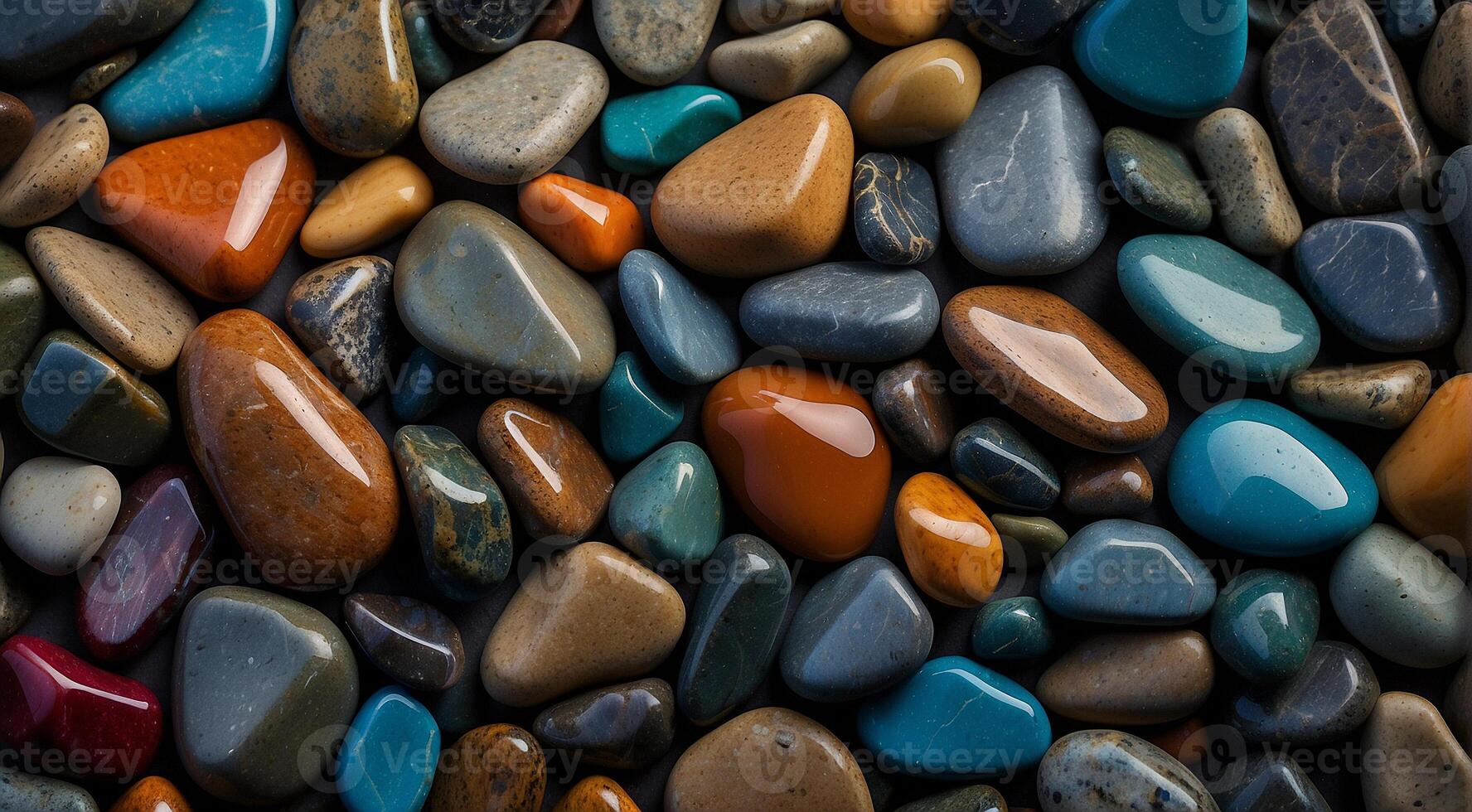 ai gegenereerd mooi strand gekleurde stenen in de strand kant met golven Bij de nacht, fosfor stenen, gekleurde strand stenen achtergrond foto