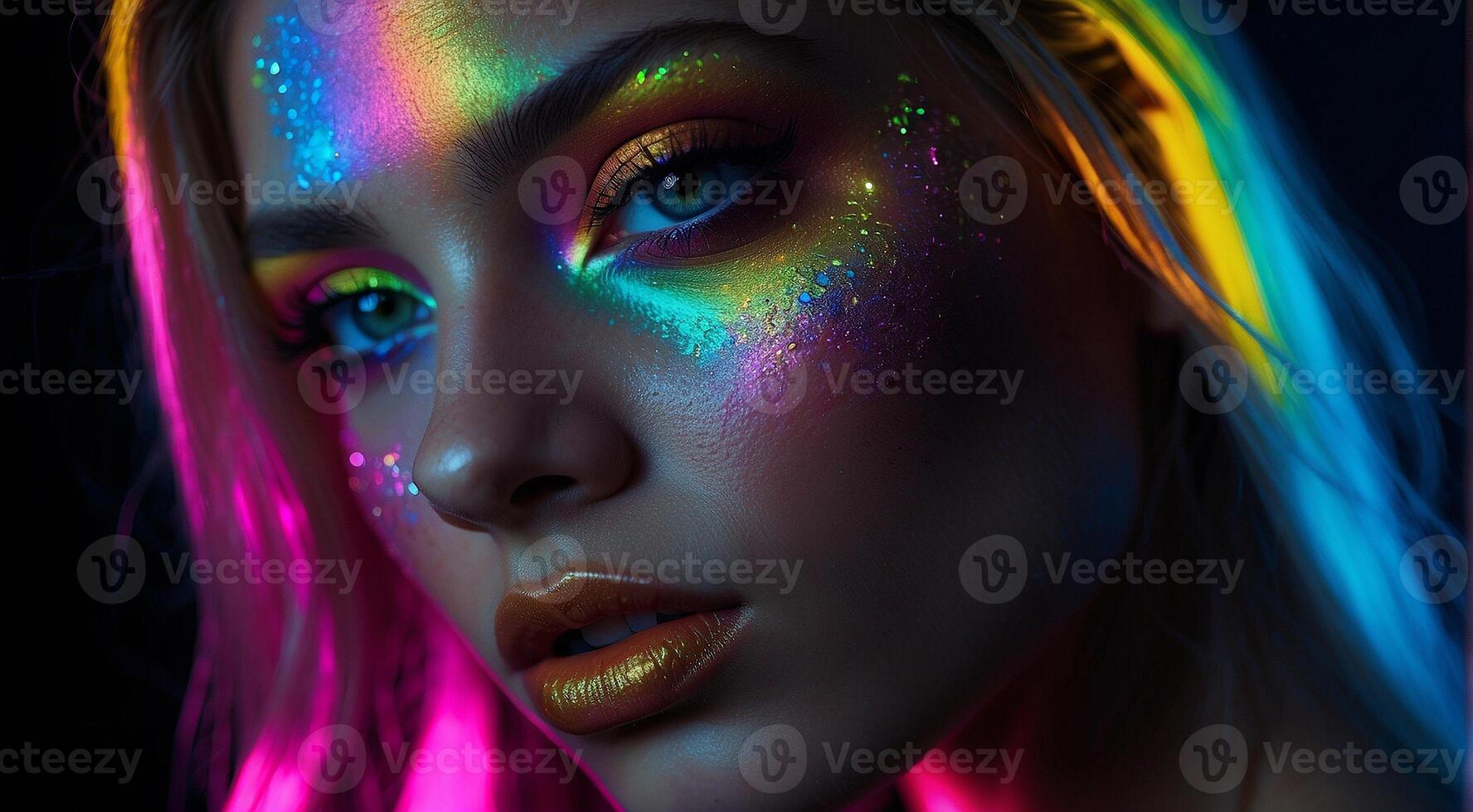 ai gegenereerd portret van een vrouw met creatief maken omhoog, mooi jong vrouw uv neon pigment bedenken fluorescerend kleuren, donker achtergrond, uv bedenken foto