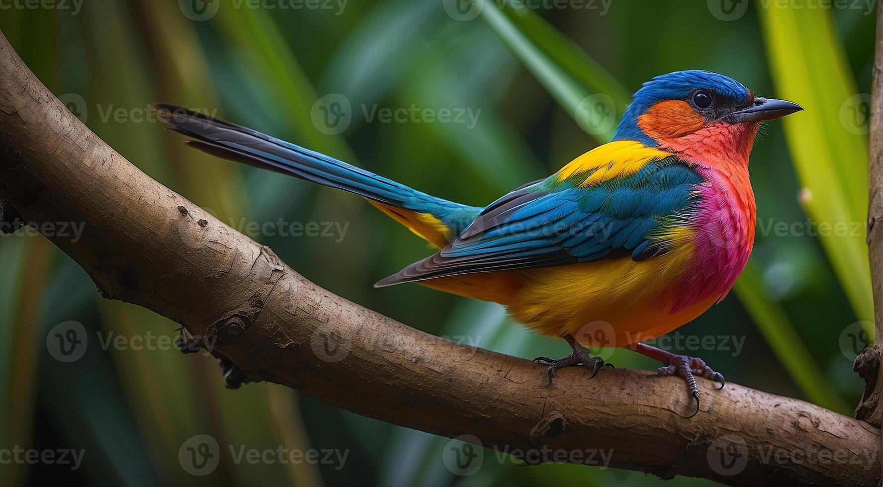 ai gegenereerd gekleurde mooi vogel zittend Aan de boom in de oerwoud, gekleurde wild vogel, gekleurde wild vogel zittend Aan de Afdeling van boom in oerwoud foto
