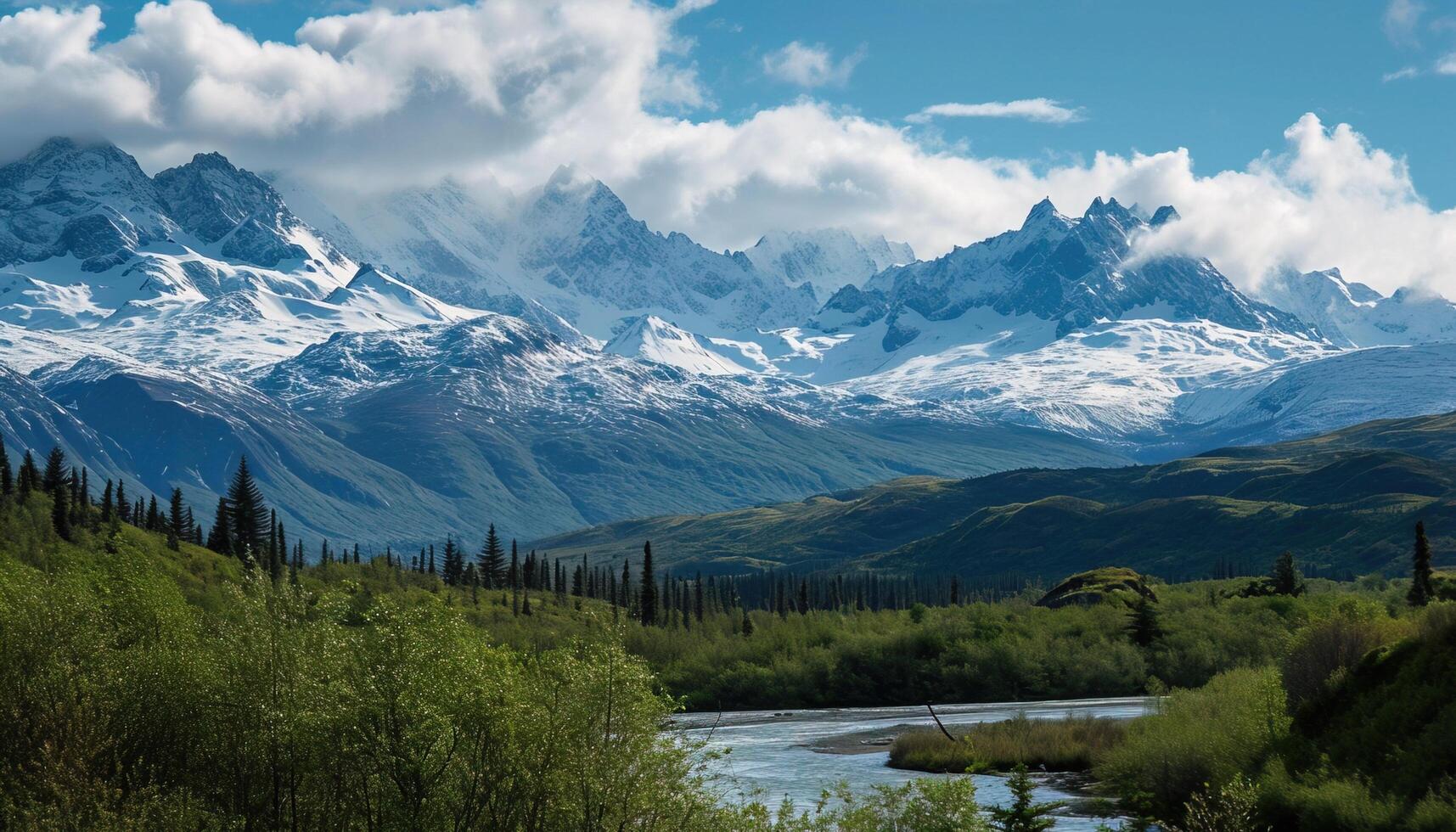ai gegenereerd besneeuwd bergen van Alaska, landschap met bossen, valleien, en rivieren in dag. sereen wildernis natuur samenstelling achtergrond behang, reizen bestemming, avontuur buitenshuis foto