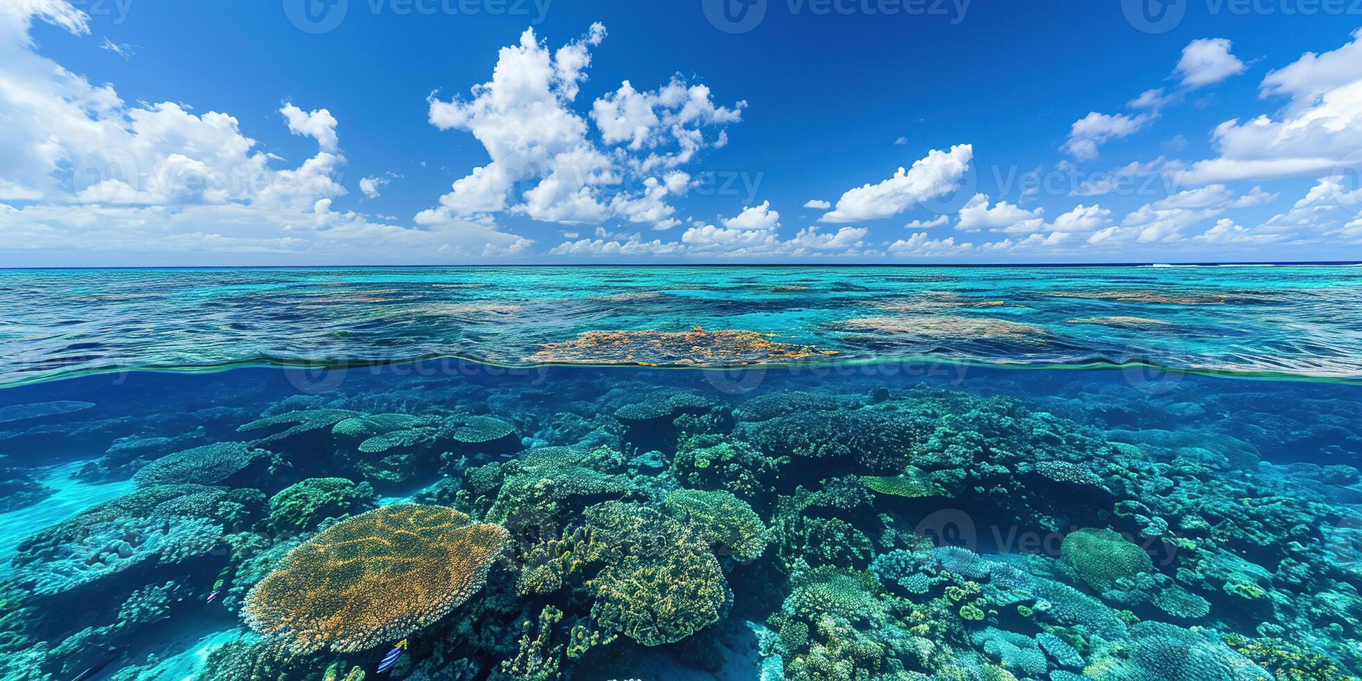 ai gegenereerd Super goed barrière rif Aan de kust van koninginneland, Australië zeegezicht. koraal zee marinier ecosysteem onderwater- spleet visie met een blauw daglicht lucht behang achtergrond foto