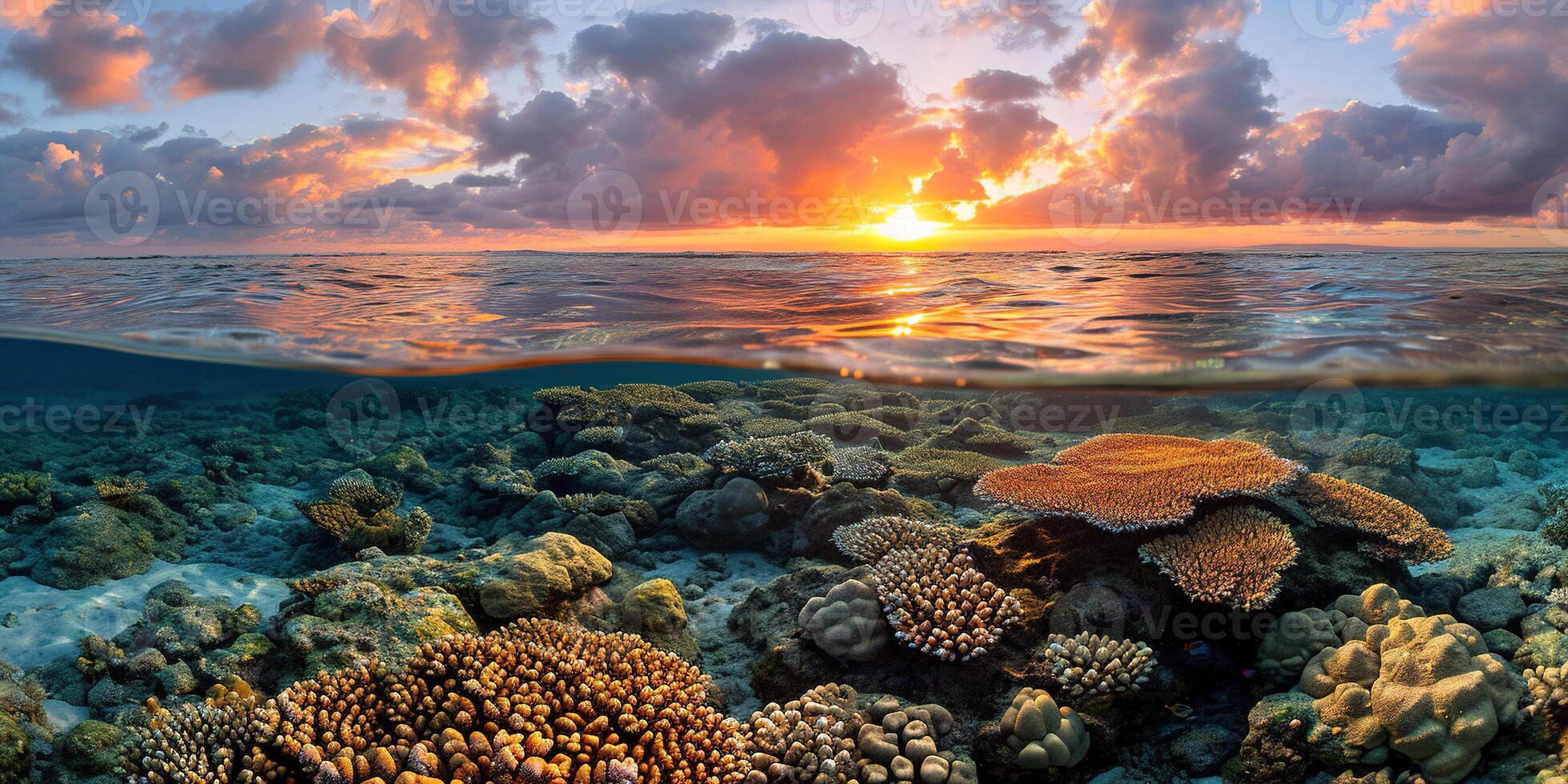 ai gegenereerd Super goed barrière rif Aan de kust van koninginneland, Australië zeegezicht. koraal marinier ecosysteem onderwater- spleet visie, gouden uur zonsondergang avond lucht behang achtergrond foto