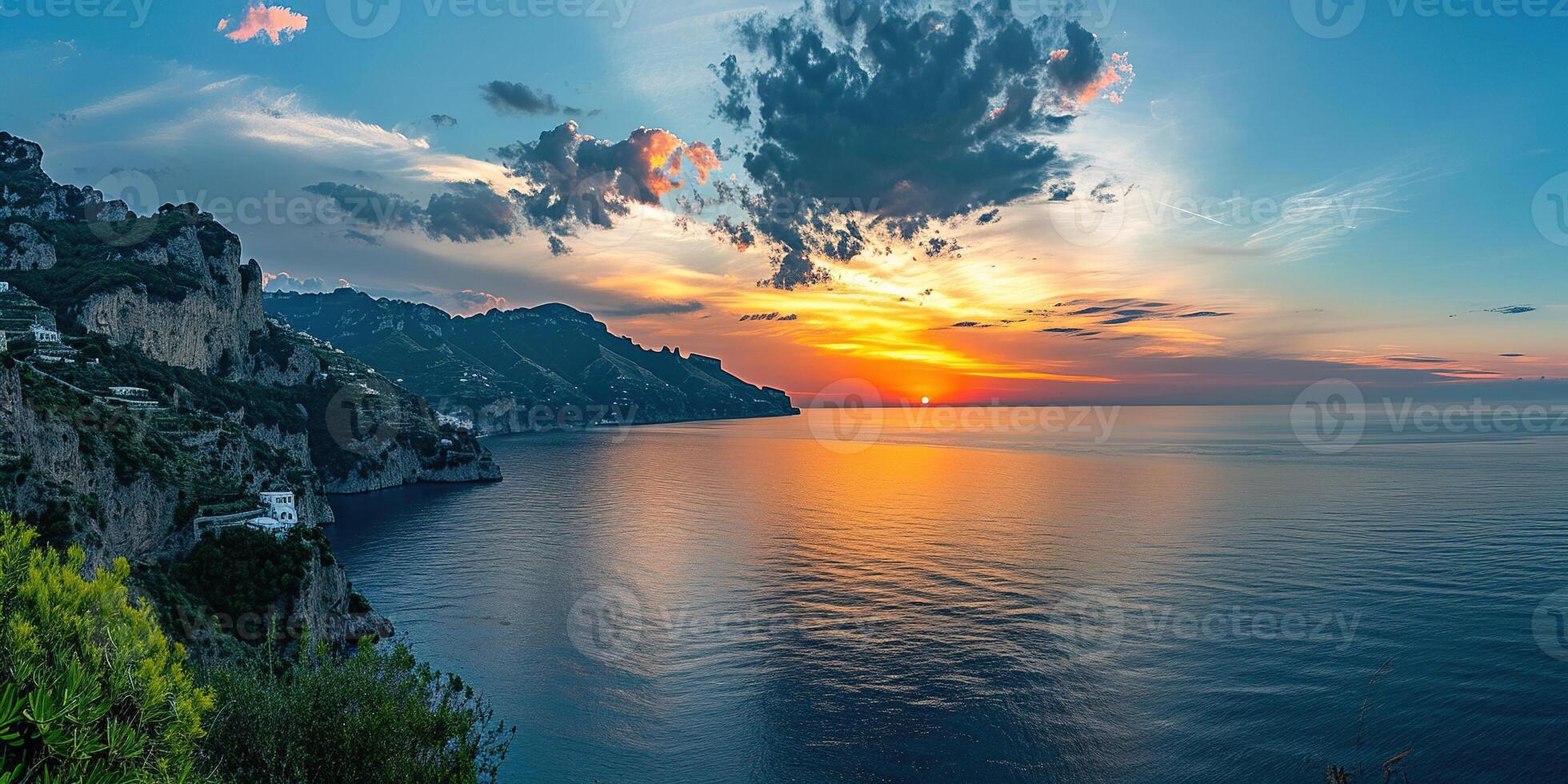 ai gegenereerd amalfi kust kustlijn in sorrentine schiereiland, Campanië regio, Italië. vakantie bestemming kustlijn met heuvels, stranden, en kliffen, zee visie, zonsondergang gouden uur behang foto