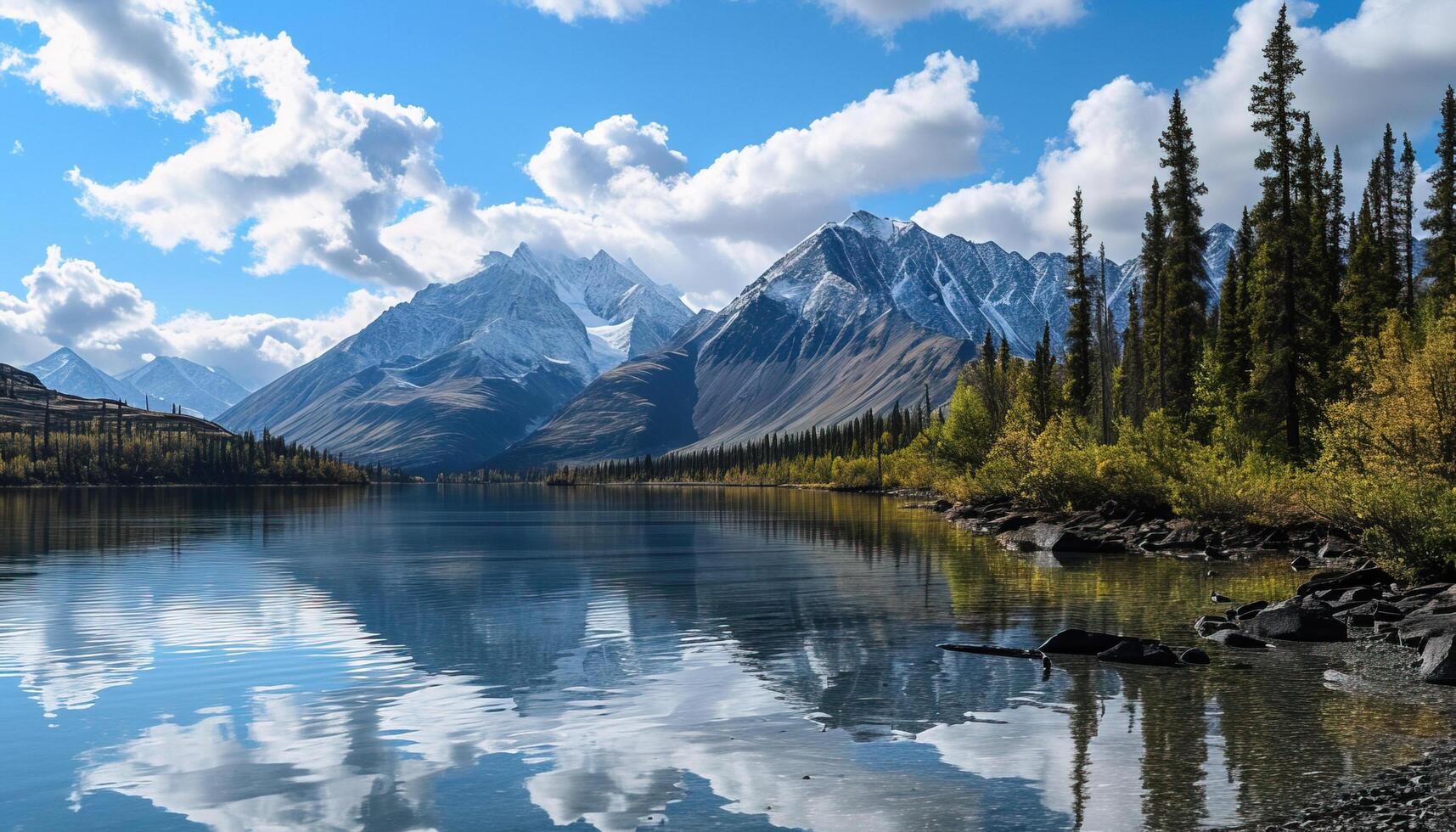 ai gegenereerd besneeuwd bergen van Alaska, landschap met bossen, valleien, en rivieren in dag. sereen wildernis natuur samenstelling achtergrond behang, reizen bestemming, avontuur buitenshuis foto