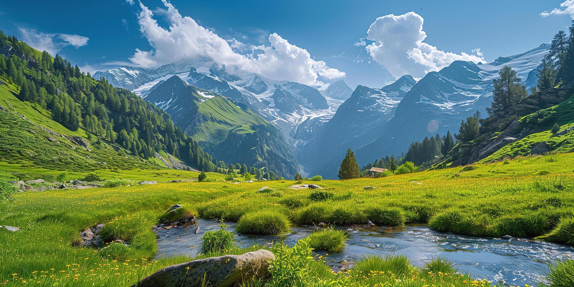 ai gegenereerd Zwitsers Alpen berg reeks met weelderig Woud valleien en weiden, platteland in Zwitserland landschap. sereen idyllisch panorama, majestueus natuur, ontspanning, rust concept foto