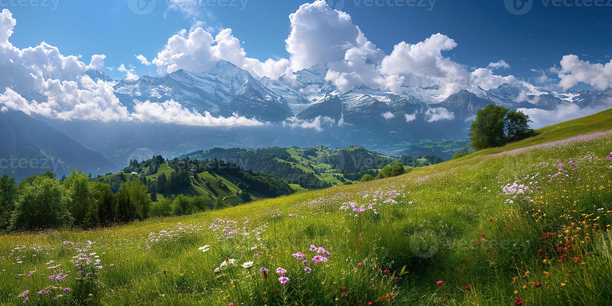 ai gegenereerd Zwitsers Alpen berg reeks met weelderig Woud valleien en weiden, platteland in Zwitserland landschap. besneeuwd berg tops in de horizon, reizen bestemming behang achtergrond foto