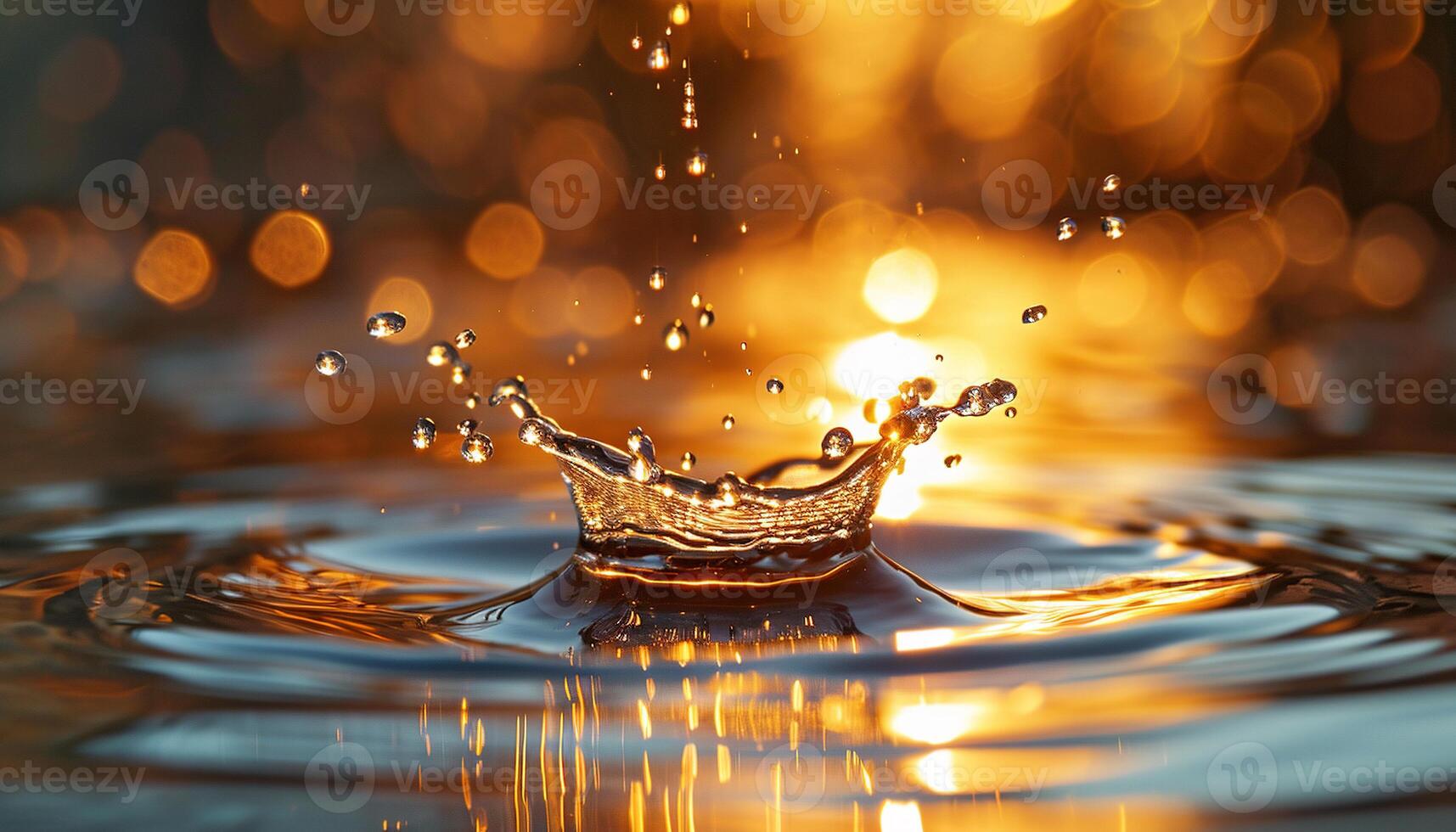 ai gegenereerd detailopname van een water laten vallen plons in in een vijver gedurende gouden uur zonsondergang. macro schot, oranje en geel tonen, verfrissend mooi natuur, oppervlakte spanning, rimpelingen foto