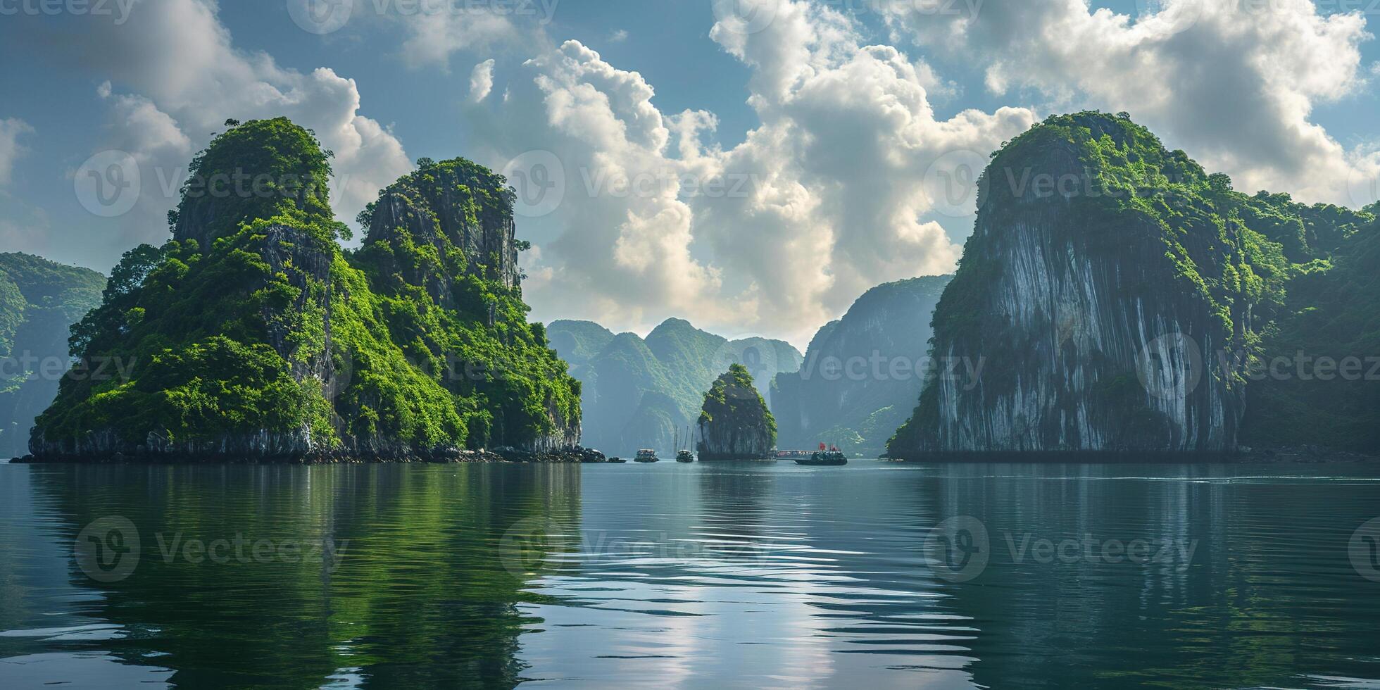 ai gegenereerd ha lang baai, Halong baai wereld erfgoed plaats, kalksteen eilanden, smaragd wateren met boten in provincie, Vietnam. reizen bestemming, natuurlijk zich afvragen landschap achtergrond behang foto
