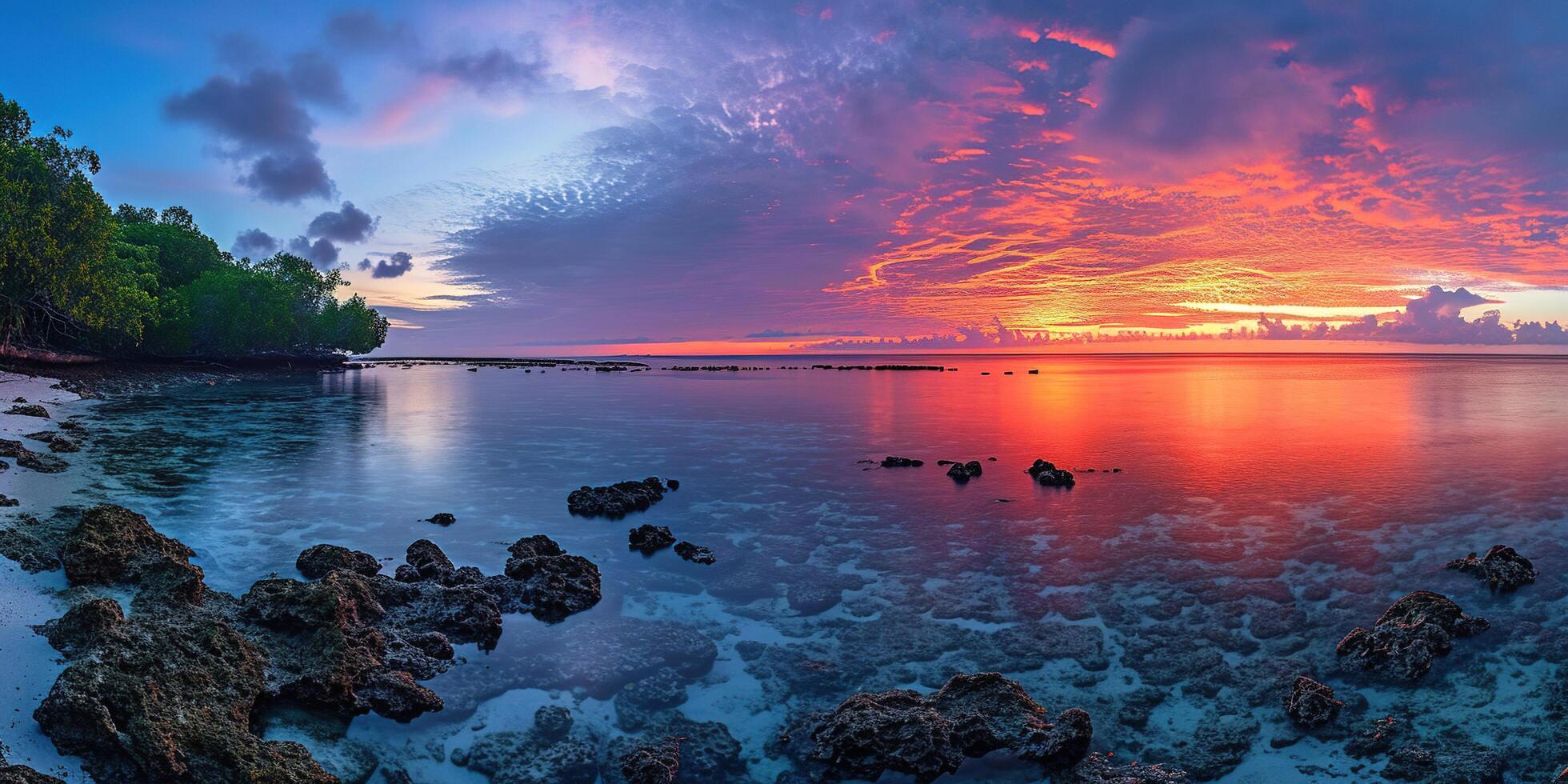 ai gegenereerd kalmte zee zonsondergang landschap. Purper, roze, oranje vurig gouden uur avond lucht in de horizon. opmerkzaamheid, meditatie, rust, rust, ontspanning concept behang achtergrond foto