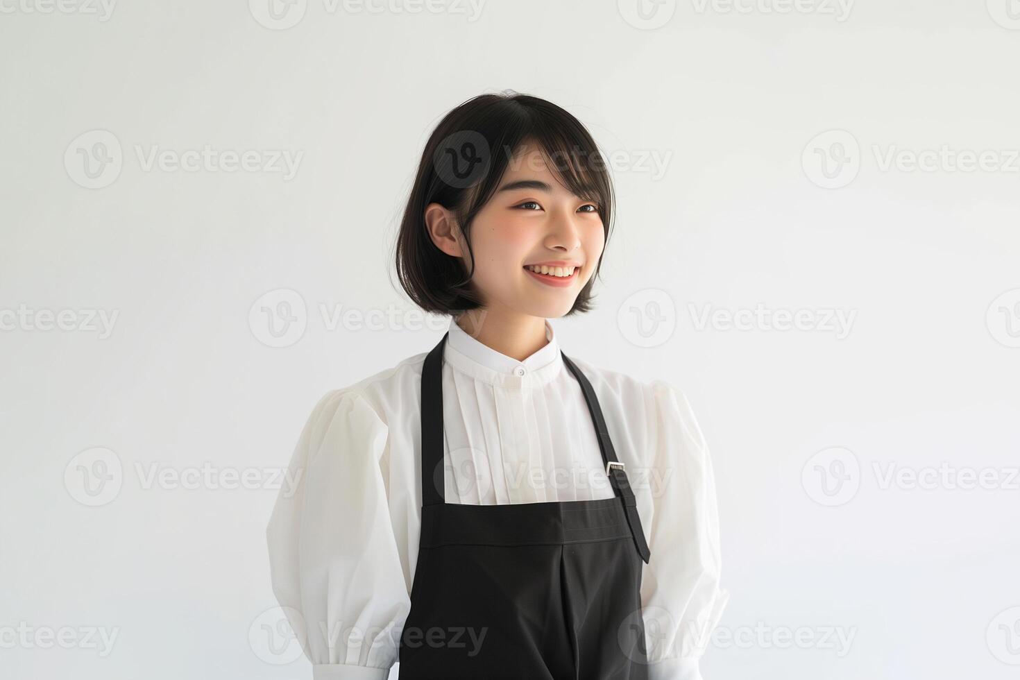 ai gegenereerd een Japans vrouw met kort bob haar- vervelend een wit blouse en een zwart schort foto