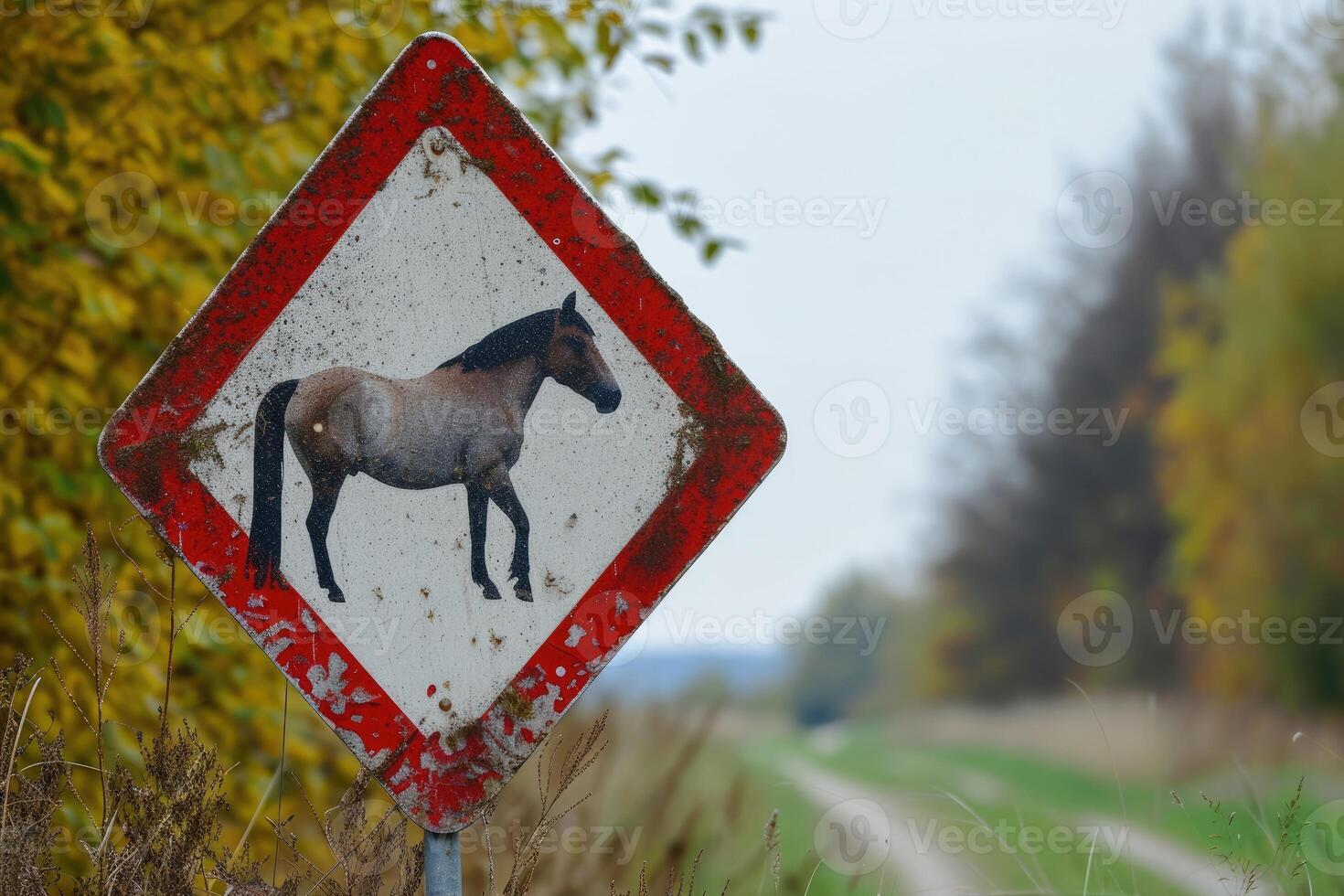 ai gegenereerd veiligheid verkeer teken, aandacht paard foto