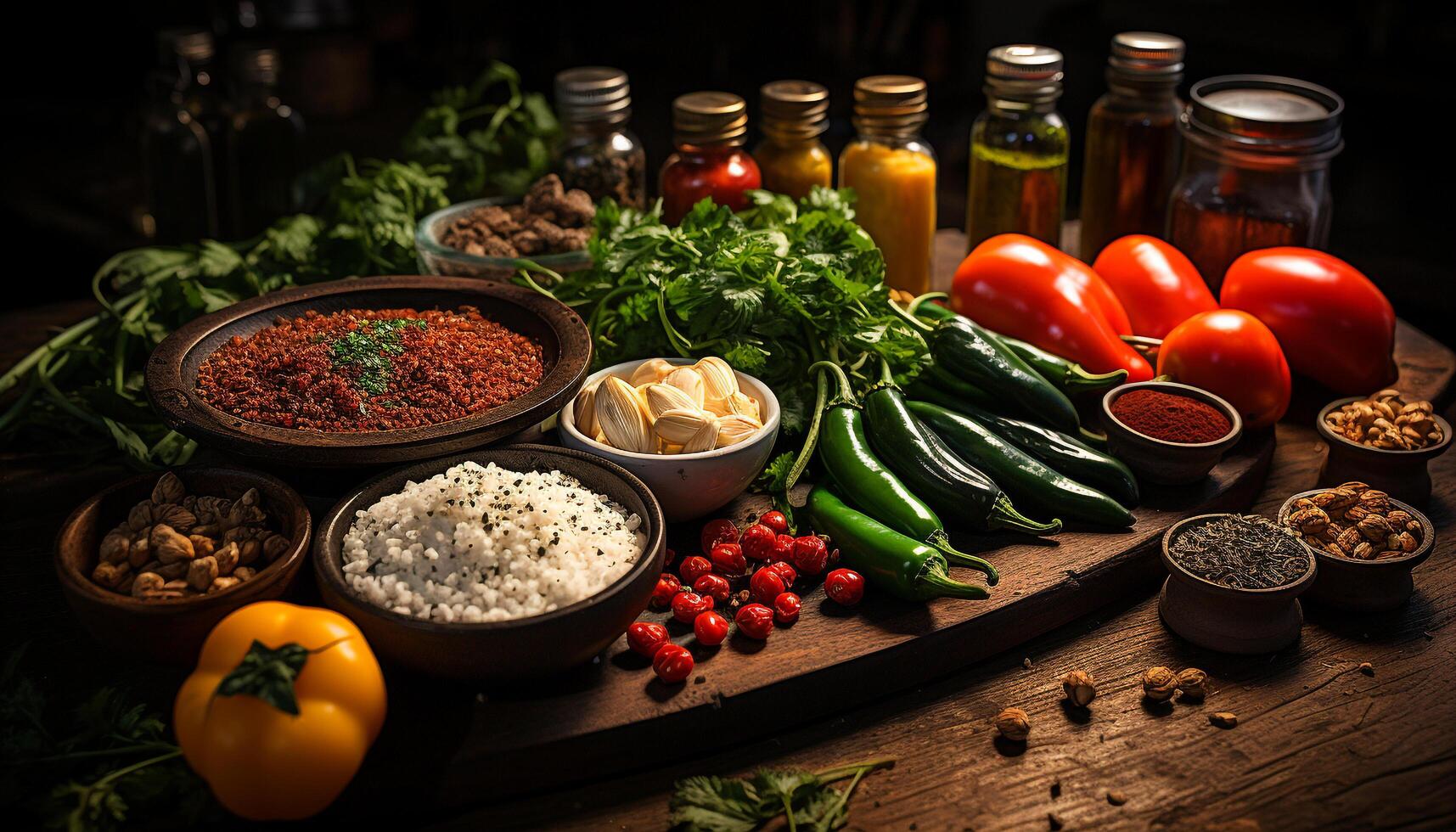 ai gegenereerd versheid en verscheidenheid Aan een rustiek houten tafel gegenereerd door ai foto