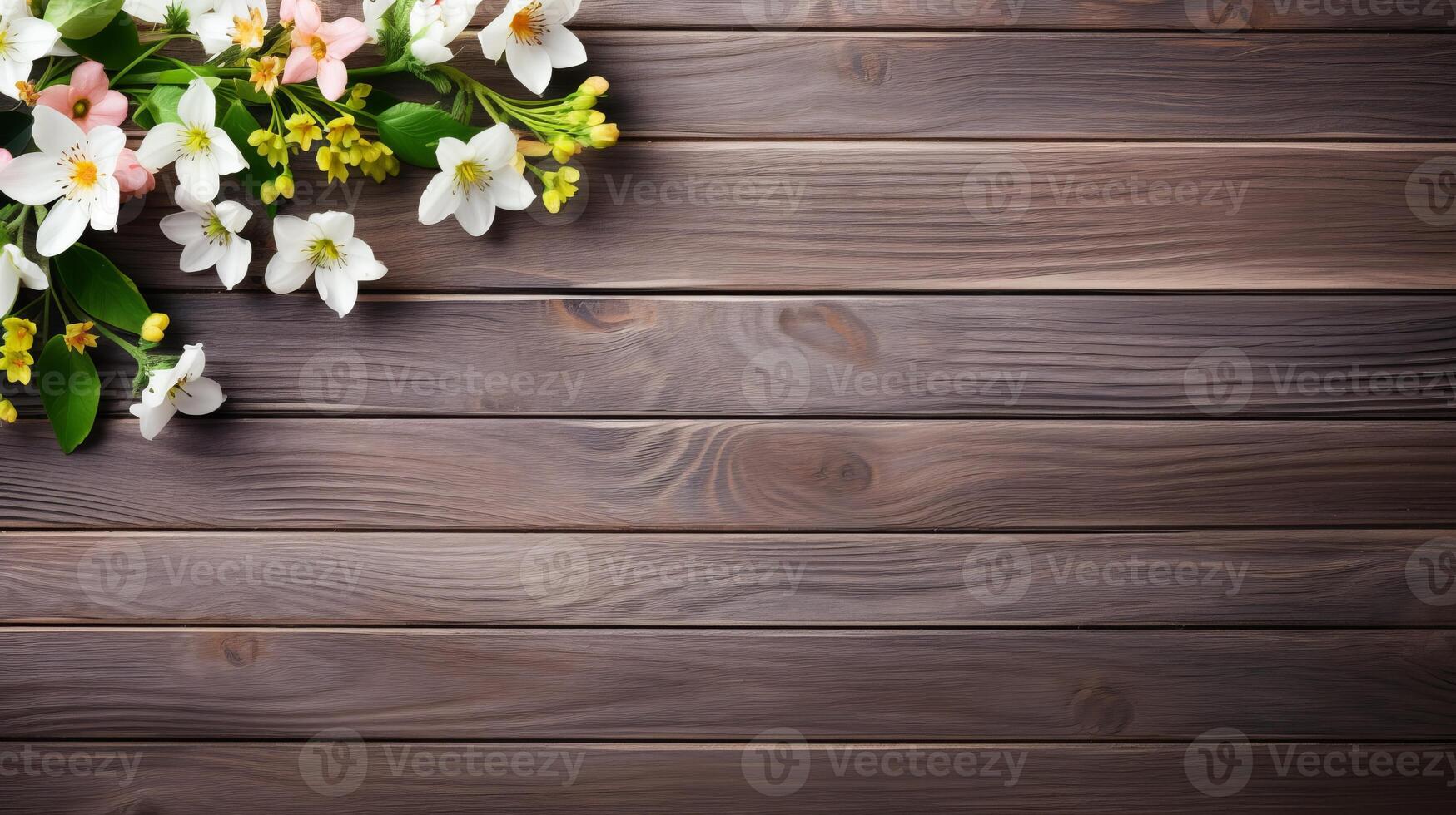ai gegenereerd mooi voorjaar bloemen Aan houten achtergrond met kopiëren ruimte voor uw ontwerp. voorjaar achtergrond concept foto