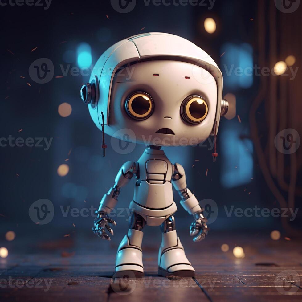 ai gegenereerd een weinig robot Leuk vinden een pop voor kind, een klein humanoid robot, staand Aan een houten oppervlakte temidden van een vaag verlicht, vonk gevuld atmosfeer foto