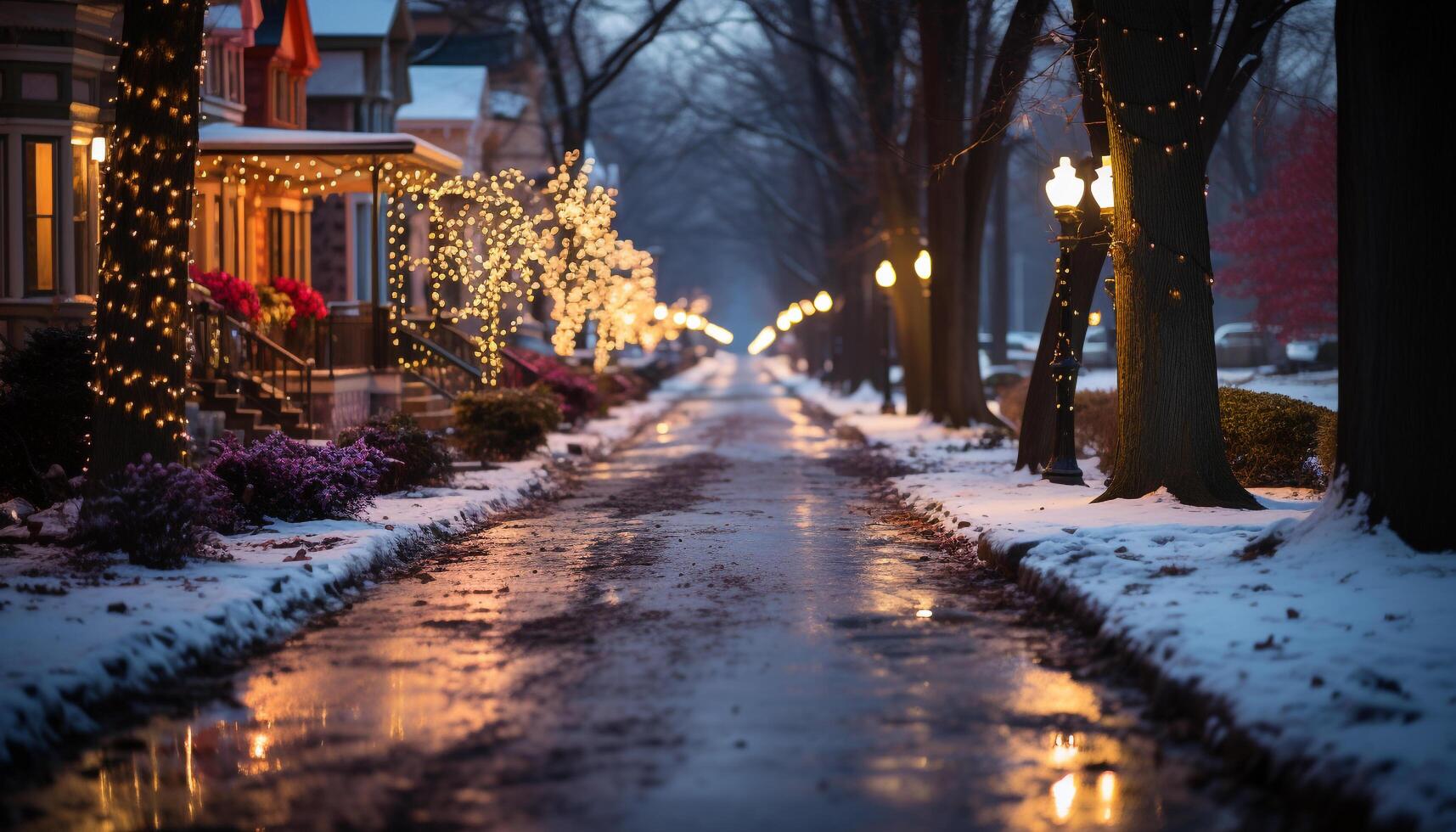 ai gegenereerd winter nacht buitenshuis, sneeuw gedekt boom verlichte door lantaarn gegenereerd door ai foto
