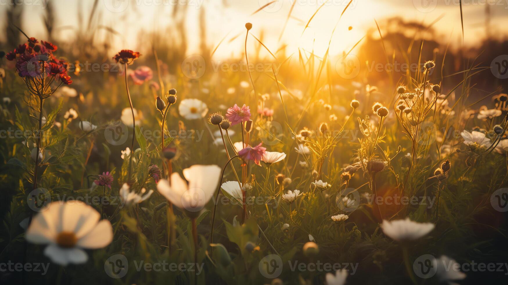 ai gegenereerd de zon is instelling over- een veld- van bloemen foto