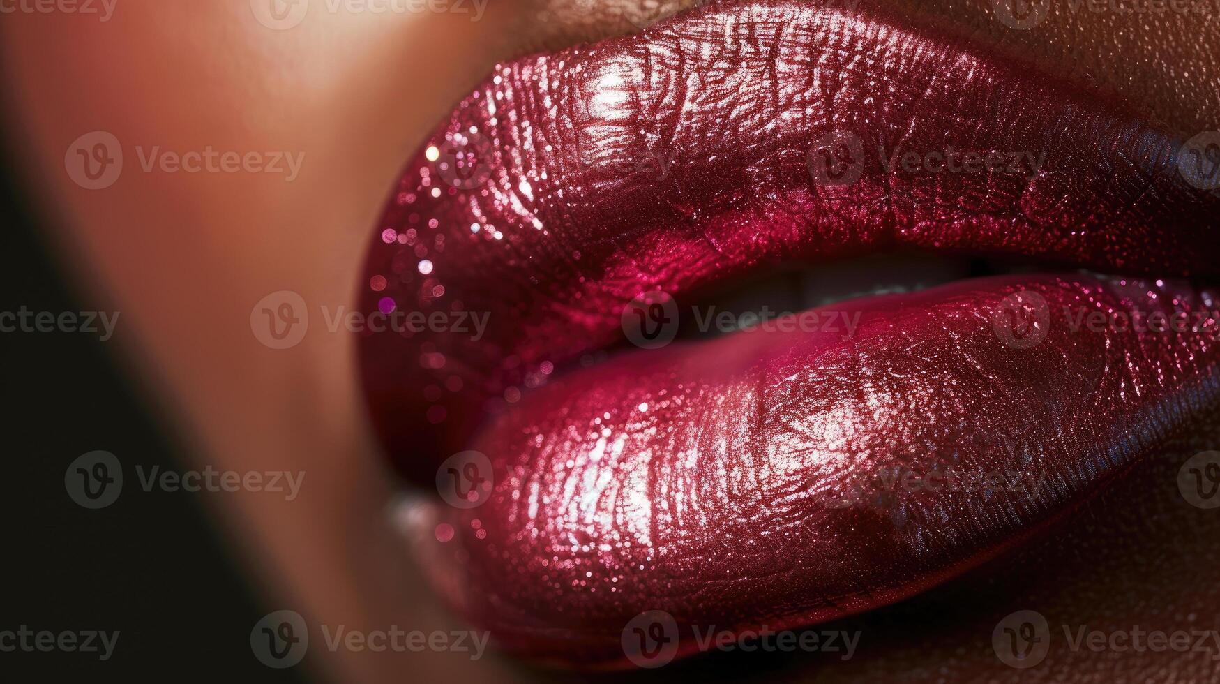 ai gegenereerd metalen rood flikkering lippenstift Aan gedetailleerd detailopname lippen foto