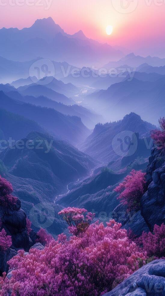 ai gegenereerd rustig dageraad over- gelaagde bergen in pastel tonen. achtergrond voor instagram verhaal, banier foto