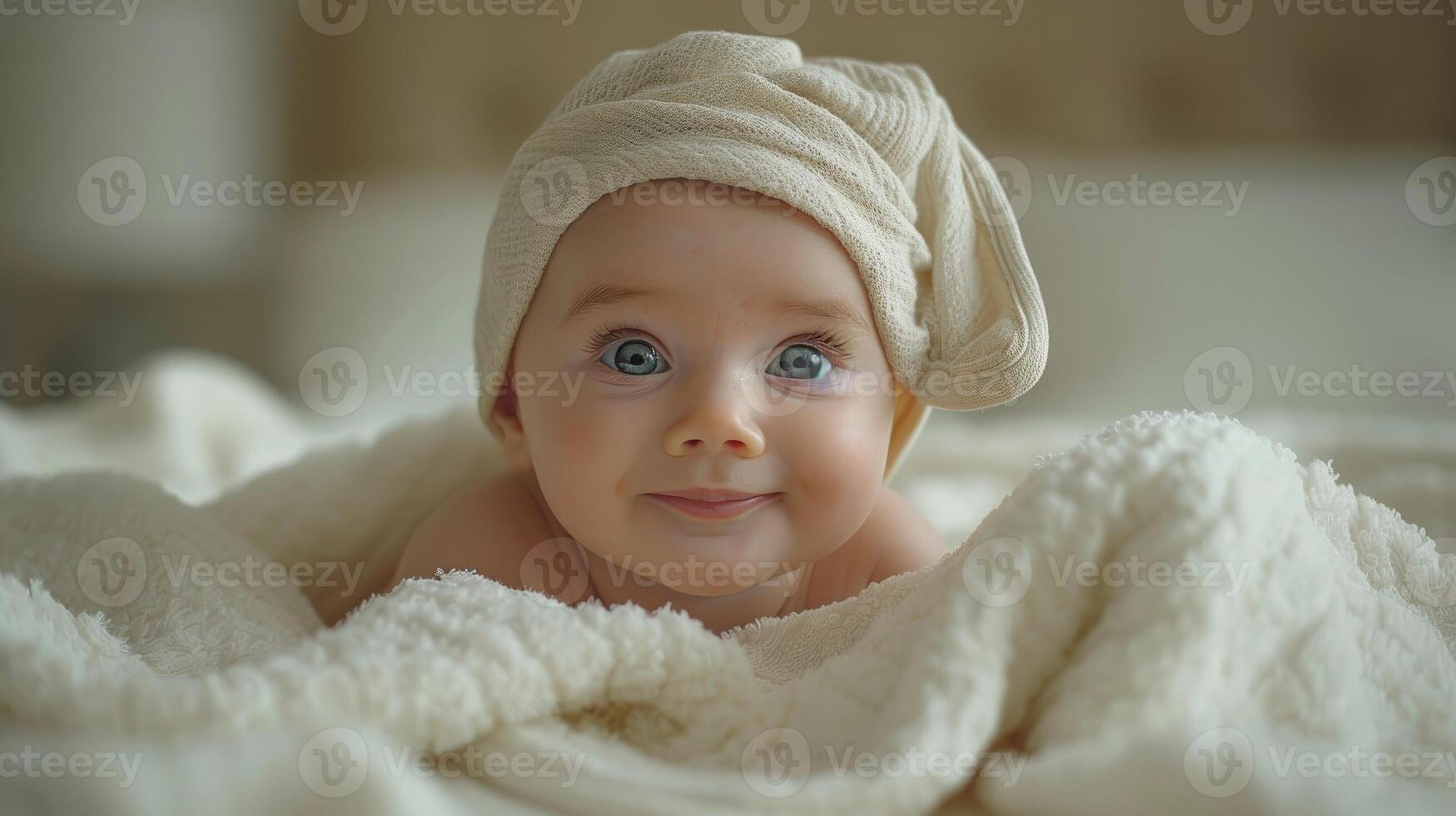 ai gegenereerd glimlachen baby in wit handdoek, uitstralend vreugde detailopname foto