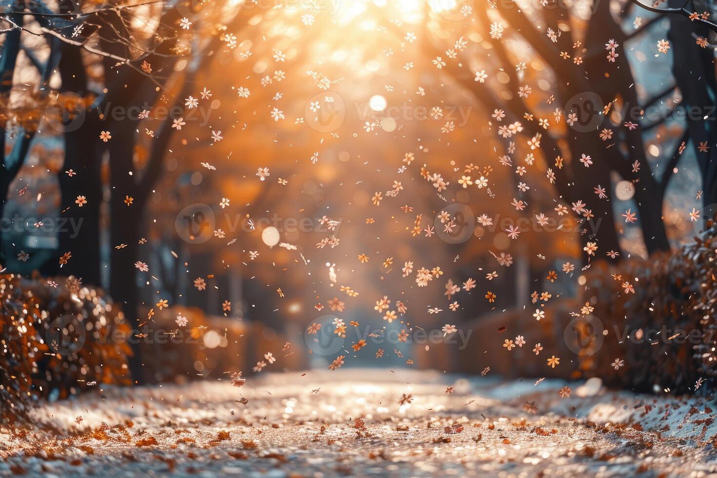 ai gegenereerd bloemblad bloemen confetti vallend van een helder blauw lucht Aan een herfst of voorjaar professioneel fotografie foto