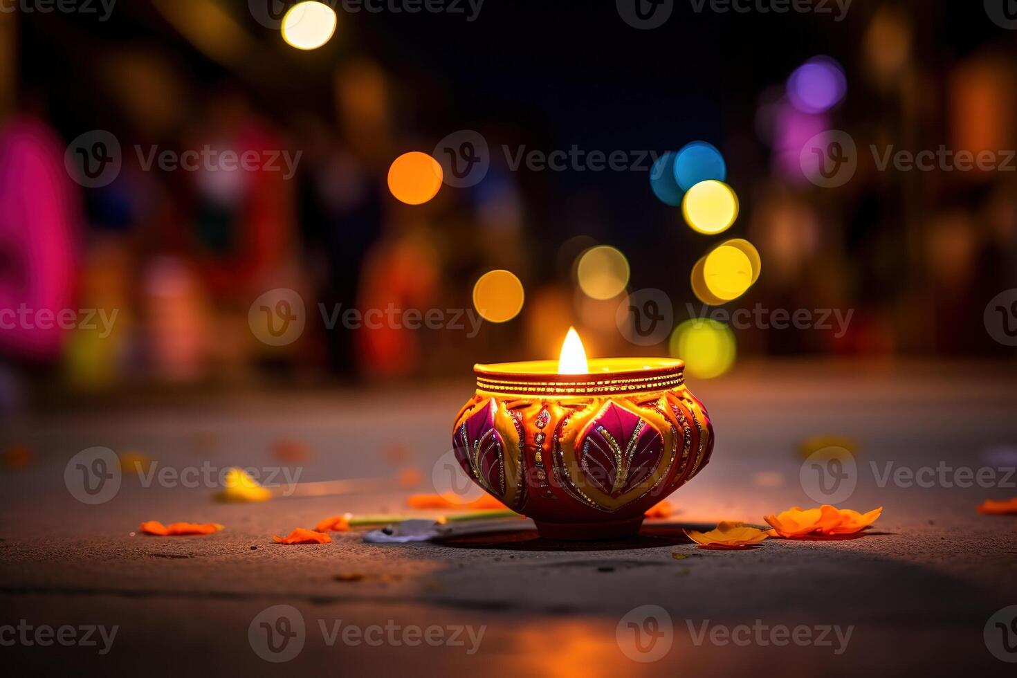 ai gegenereerd kleurrijk klei diya lampen lit gedurende diwali viering foto