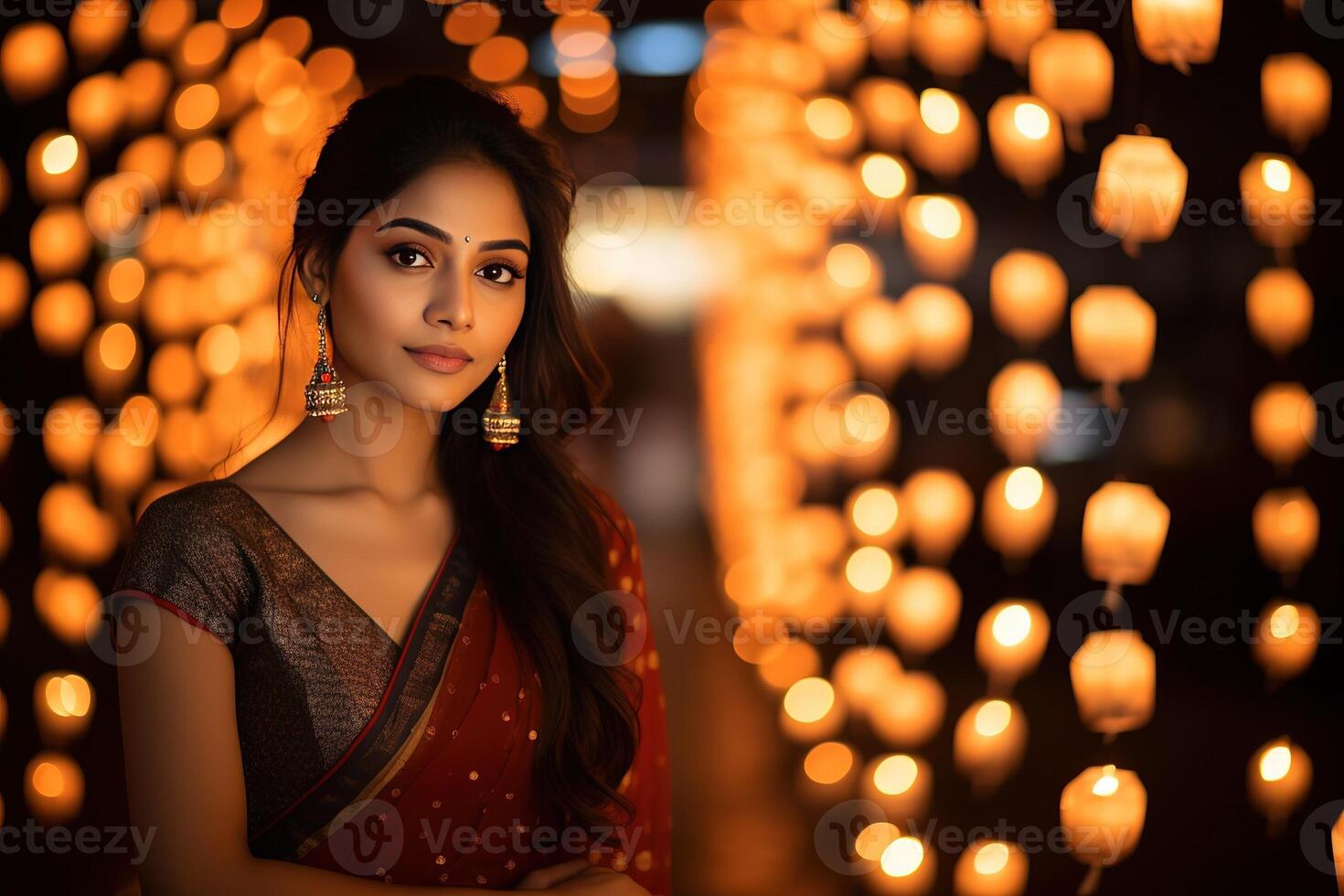 ai gegenereerd jong mooi Indisch vrouw Bij diwali viering foto