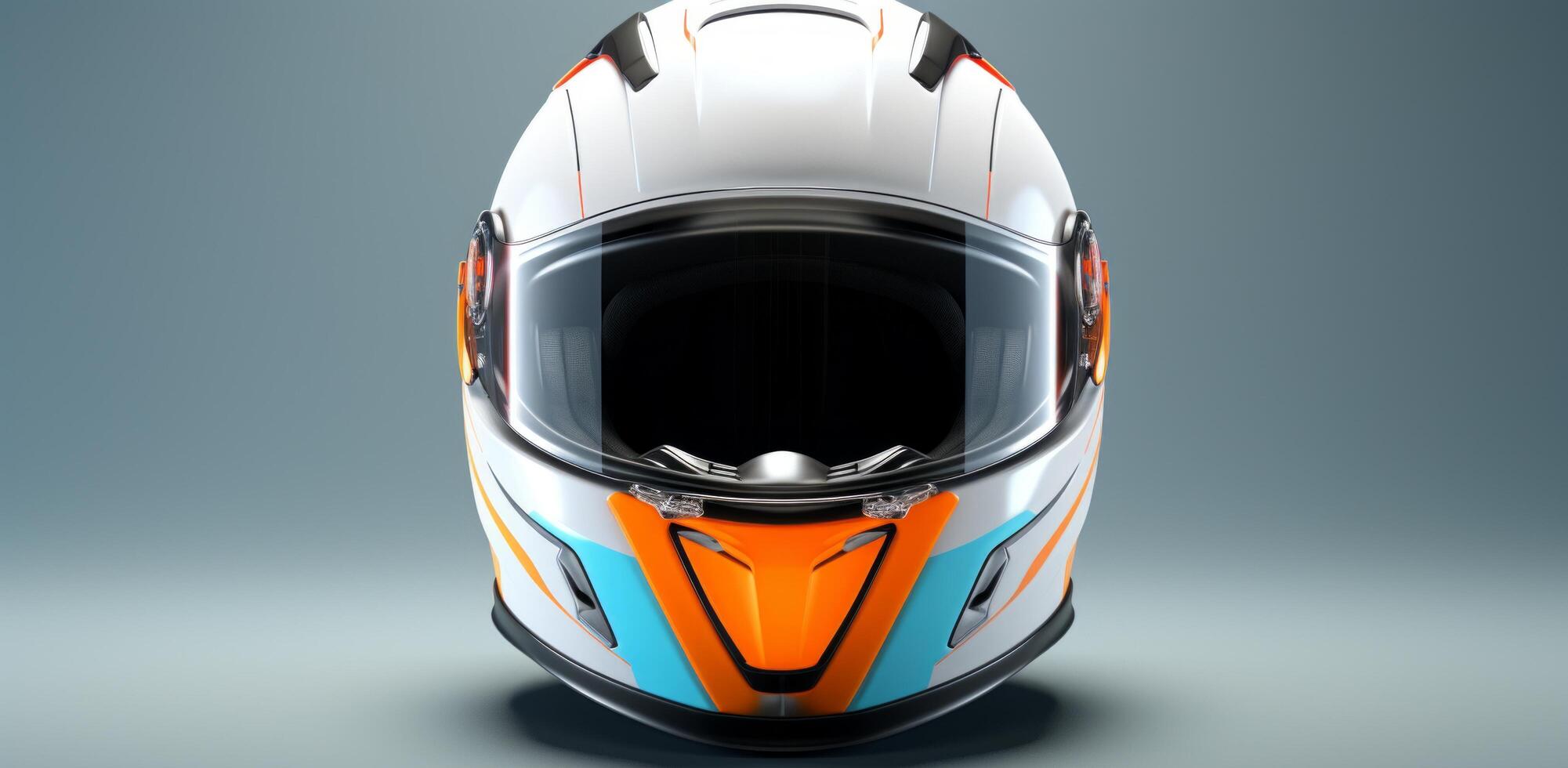 ai gegenereerd een racing helm met een wit, oranje, en licht blauw helm foto