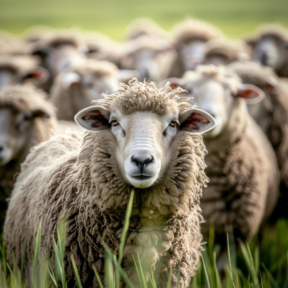 ai gegenereerd een kudde van schapen zullen worden opgeslagen Aan de helder groen olympisch weide foto