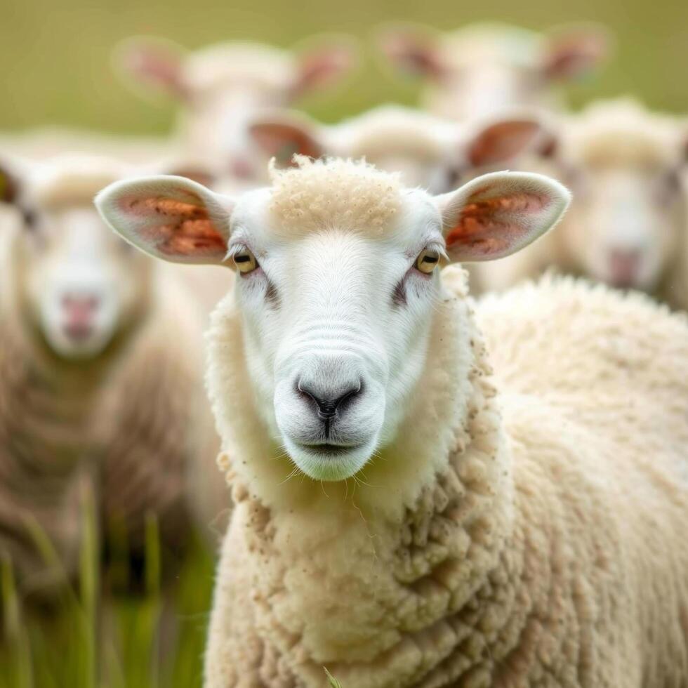 ai gegenereerd een kudde van schapen zullen worden opgeslagen Aan de helder groen olympisch weide foto
