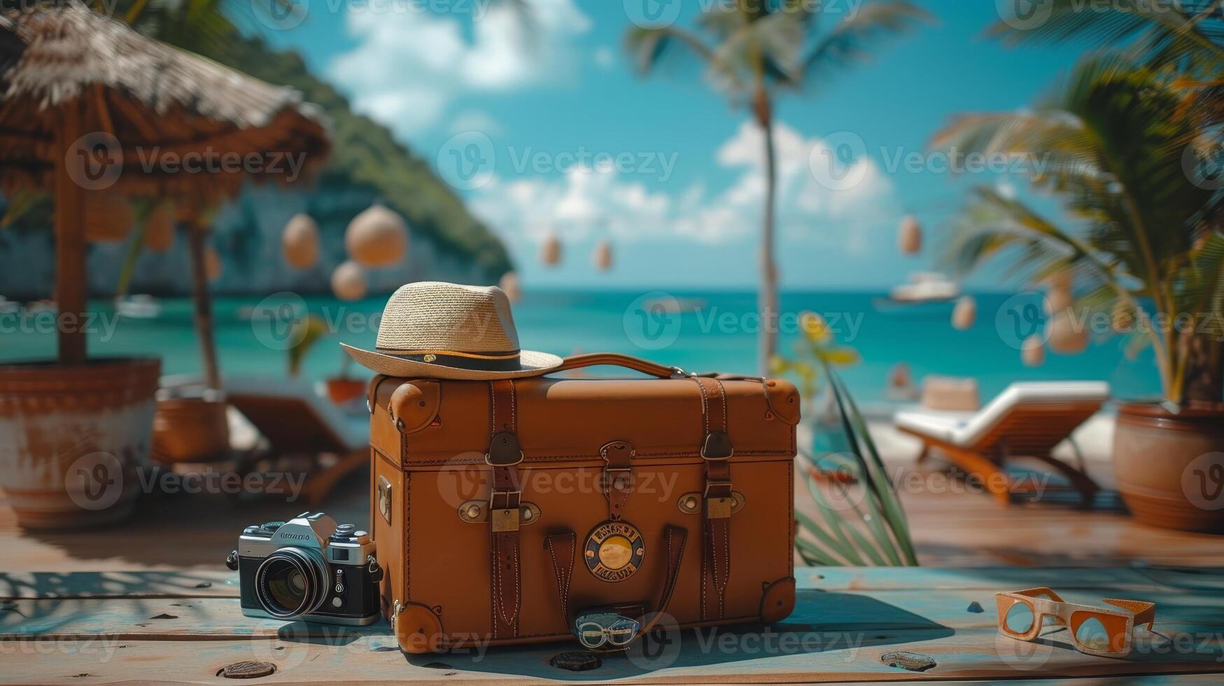 ai gegenereerd deze zomer vakantie op reis concept ontwerp banier met copyspace heeft een wijnoogst koffer, een hipster hoed, een foto camera en paspoort Aan een houten dek met een tropisch zee, strand en palm