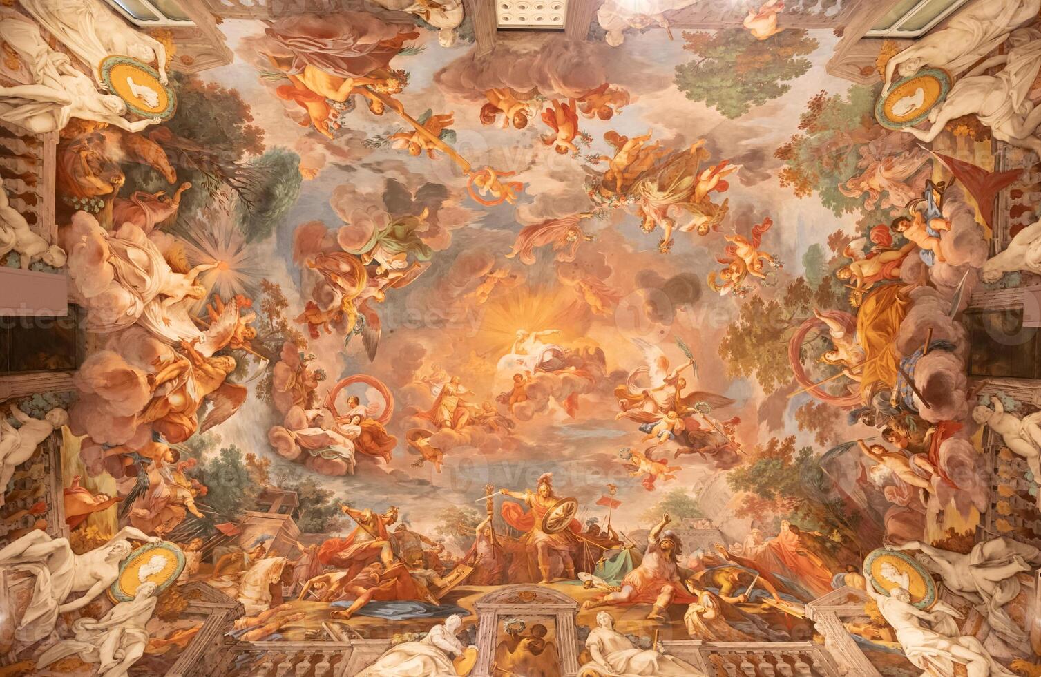 Rome, Italië - plafond schilderij van de Ingang hal in galleria borghese, 1779. foto