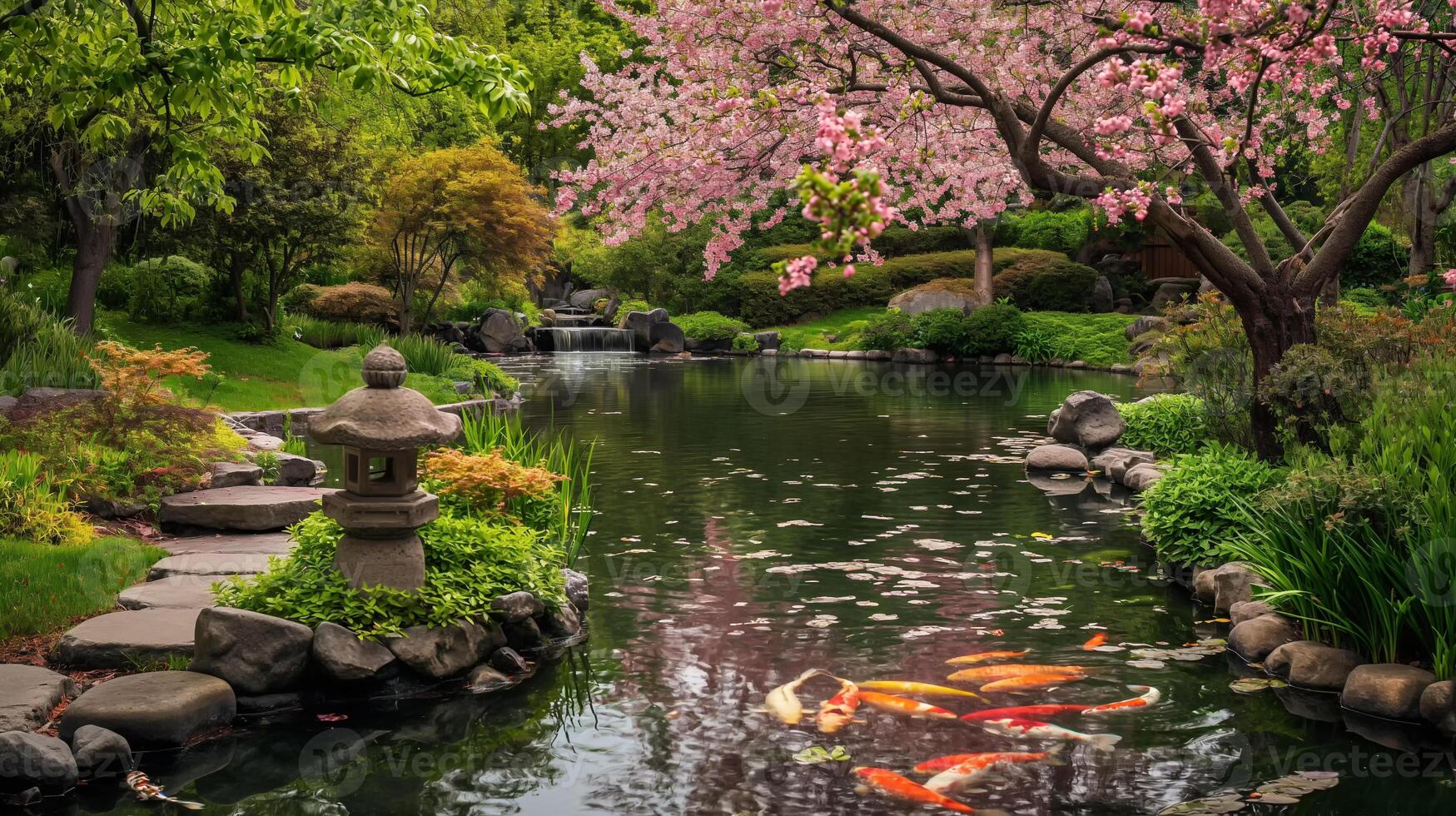 ai gegenereerd een sereen Japans tuin met een koi vijver, steen lantaarns, en kers bloesems in vol bloeien, uitnodigend vredig contemplatie. foto