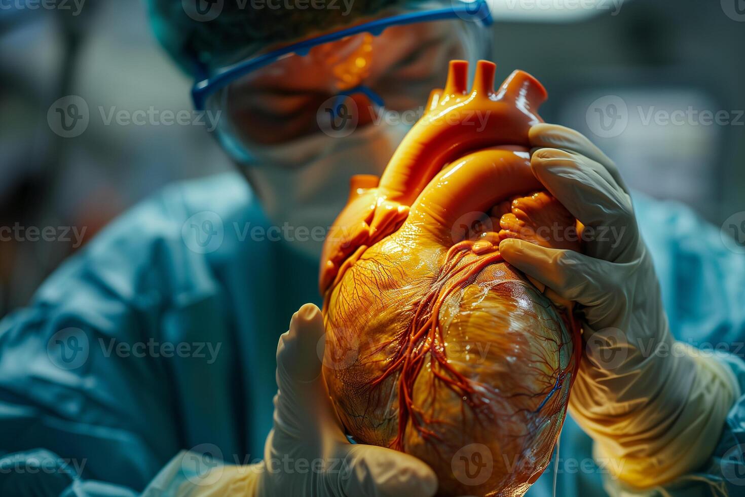 ai gegenereerd een chirurg in scrubs inspecteert een zeer gedetailleerd anatomisch model- van de menselijk hart in een klinisch instelling. foto