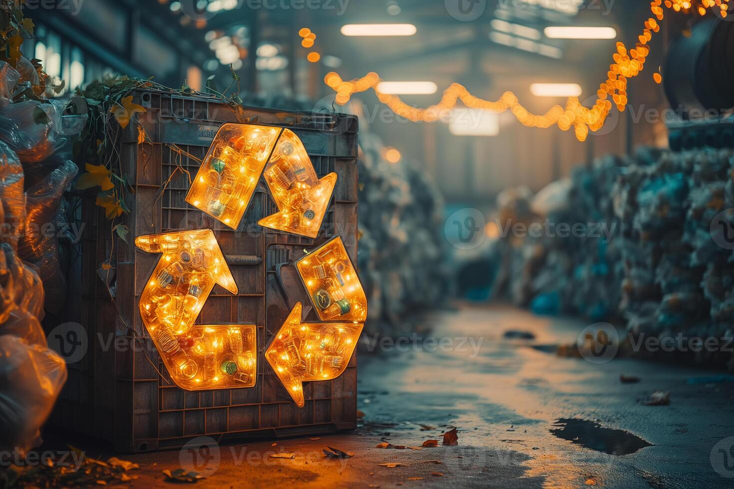 ai gegenereerd een gecomprimeerd kubus van verspilling materiaal prominent wordt weergegeven de recycling symbool, reeks in een industrieel recycling faciliteit, betekenend de belang van verspilling segregatie en recyclen. foto