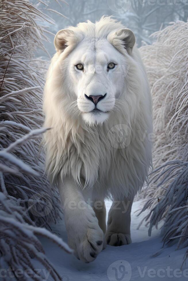ai gegenereerd portret van een wit mannetje leeuw in een besneeuwd omgeving, ai gegenereerd foto