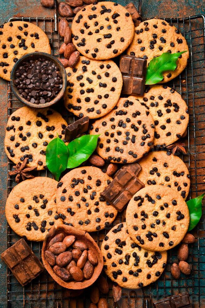 chocola spaander koekjes. Aan een donker steen achtergrond. ruimte voor tekst. foto